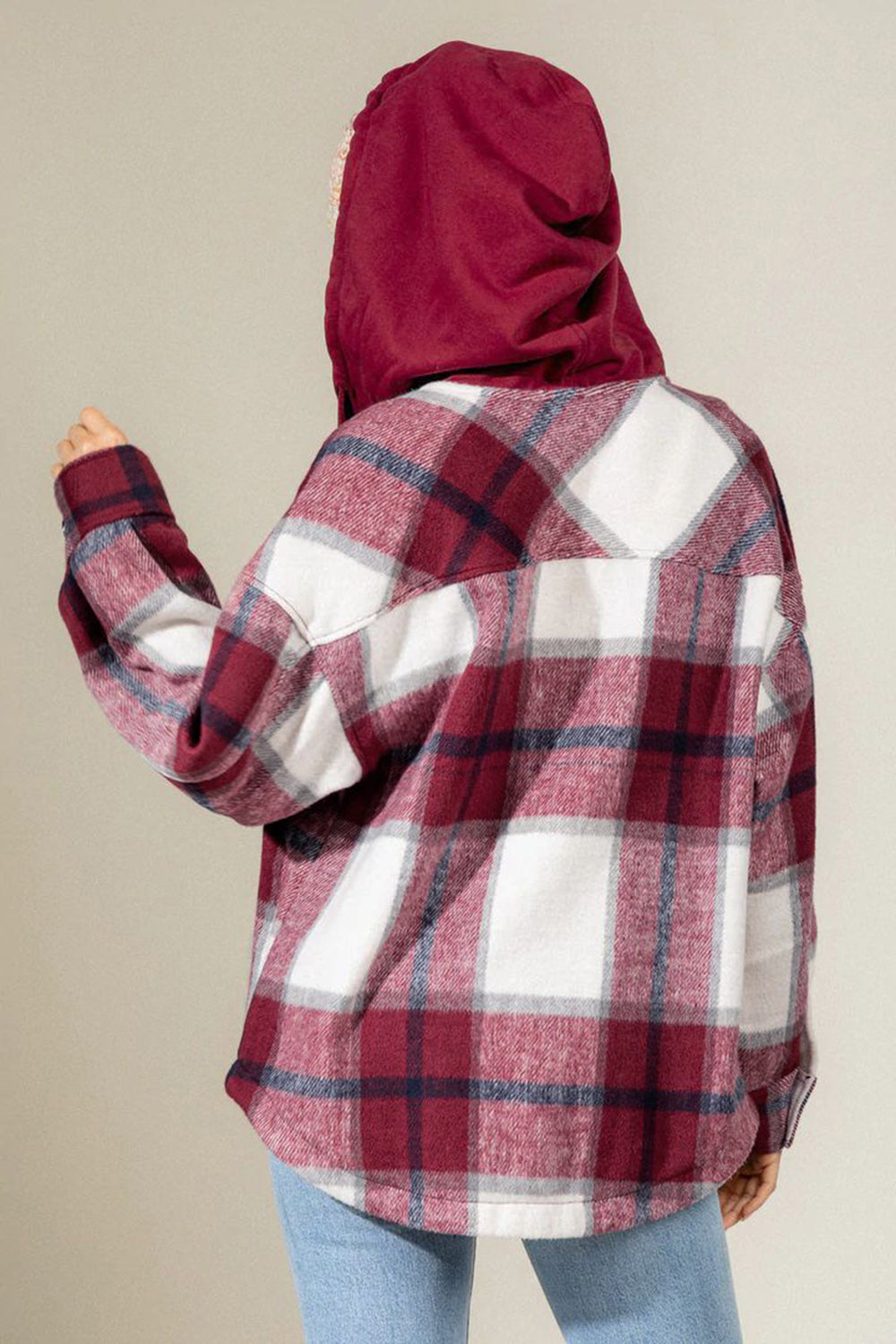 Drawstring Plaid Dropped Shoulder Hooded Shacket