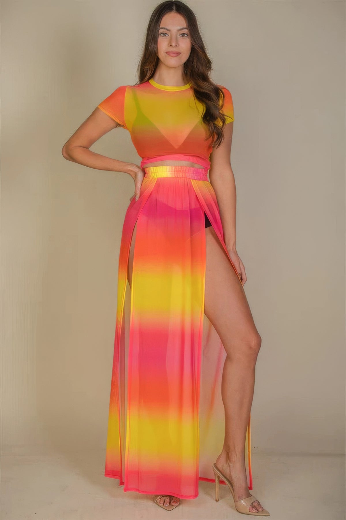 split sheer maxi dress Bateau Neck Sheer Sleeve Split Maxi Dresses