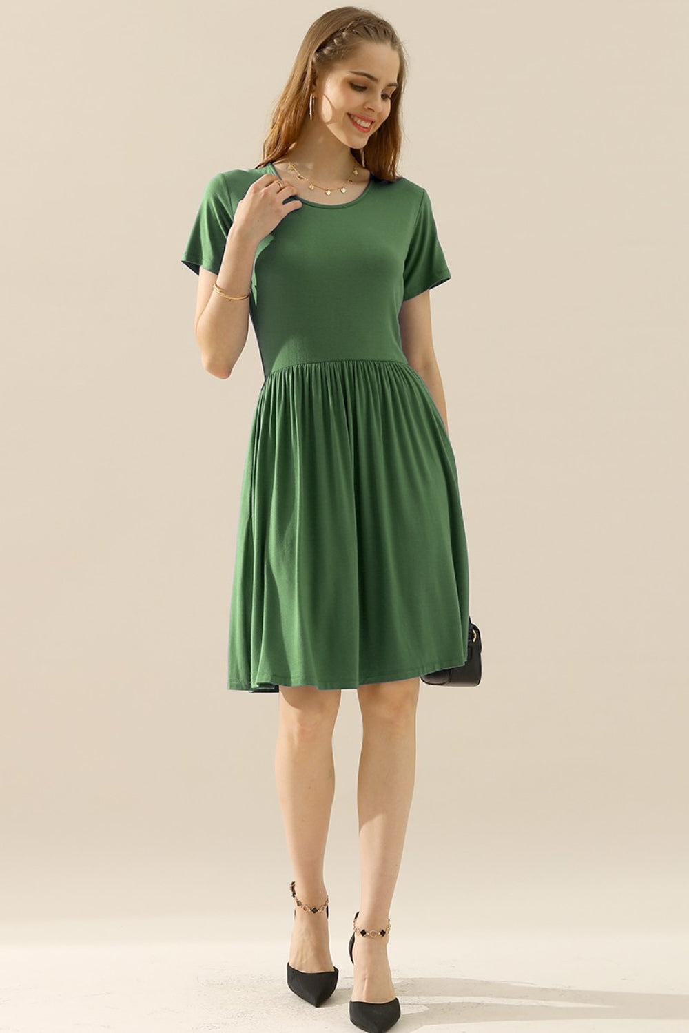 Plus Size Round Neck Ruched Dress with Pockets