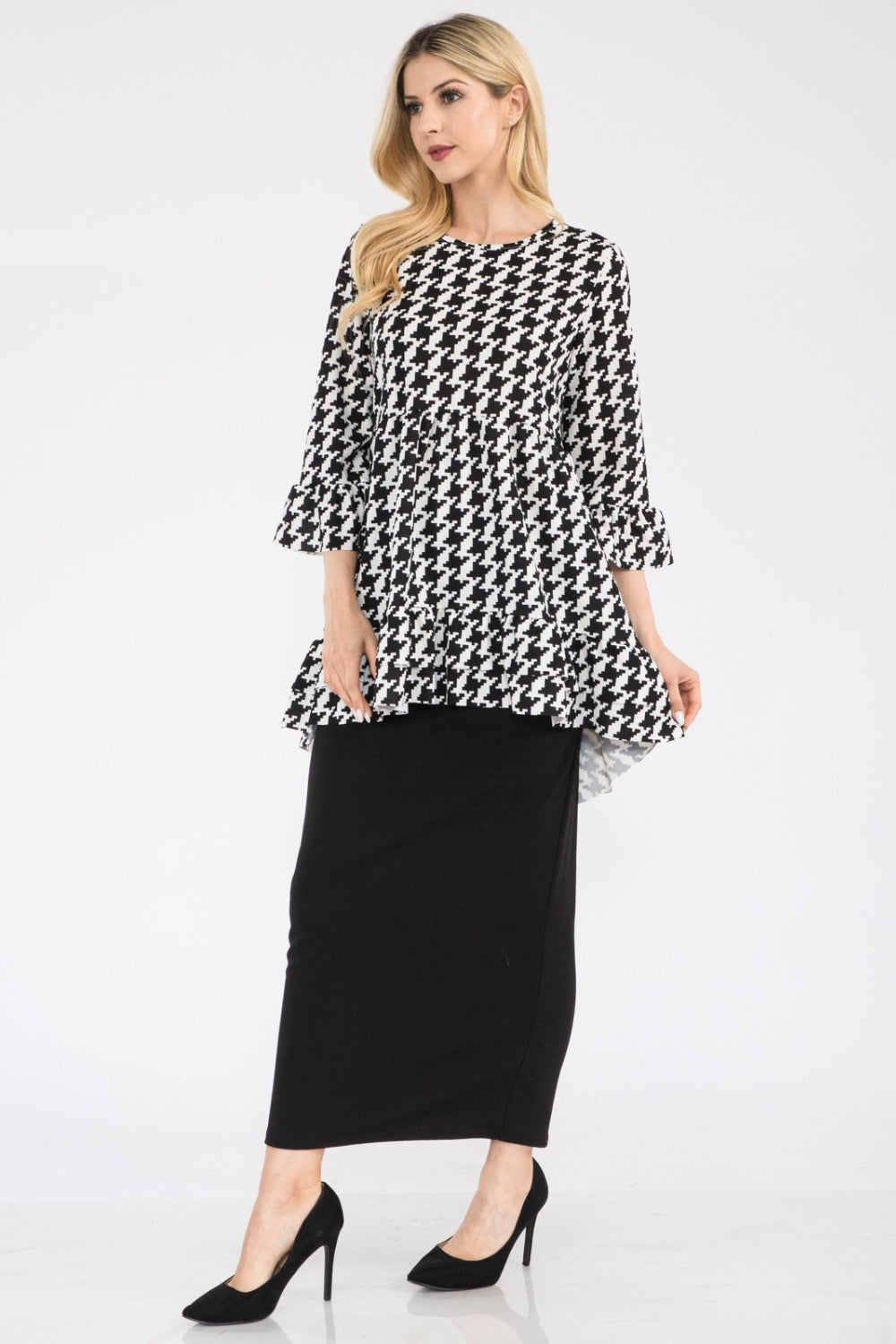 Plus Size Houndstooth Flounce Sleeve High-Low Top