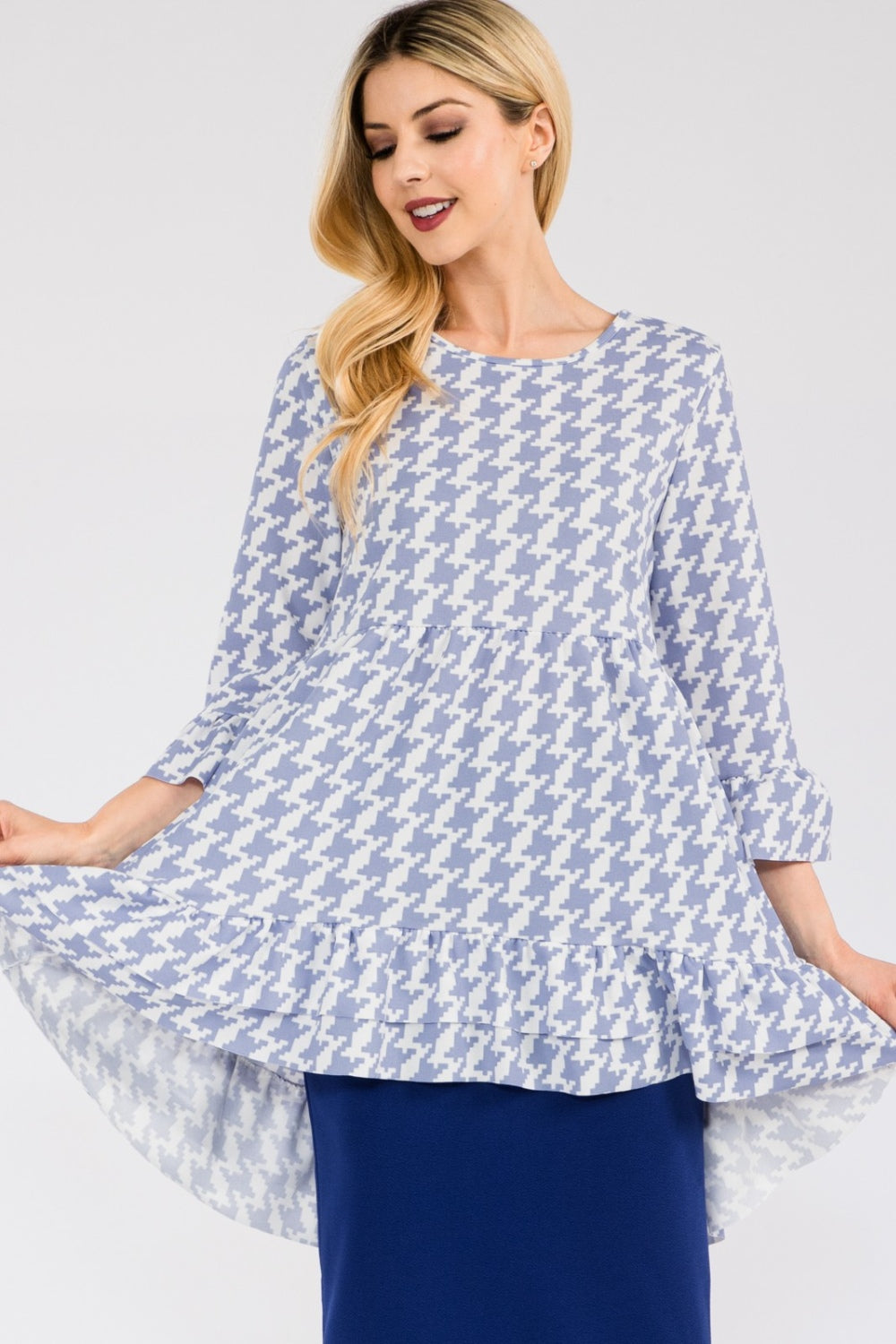 Plus Size Houndstooth Flounce Sleeve High-Low Top