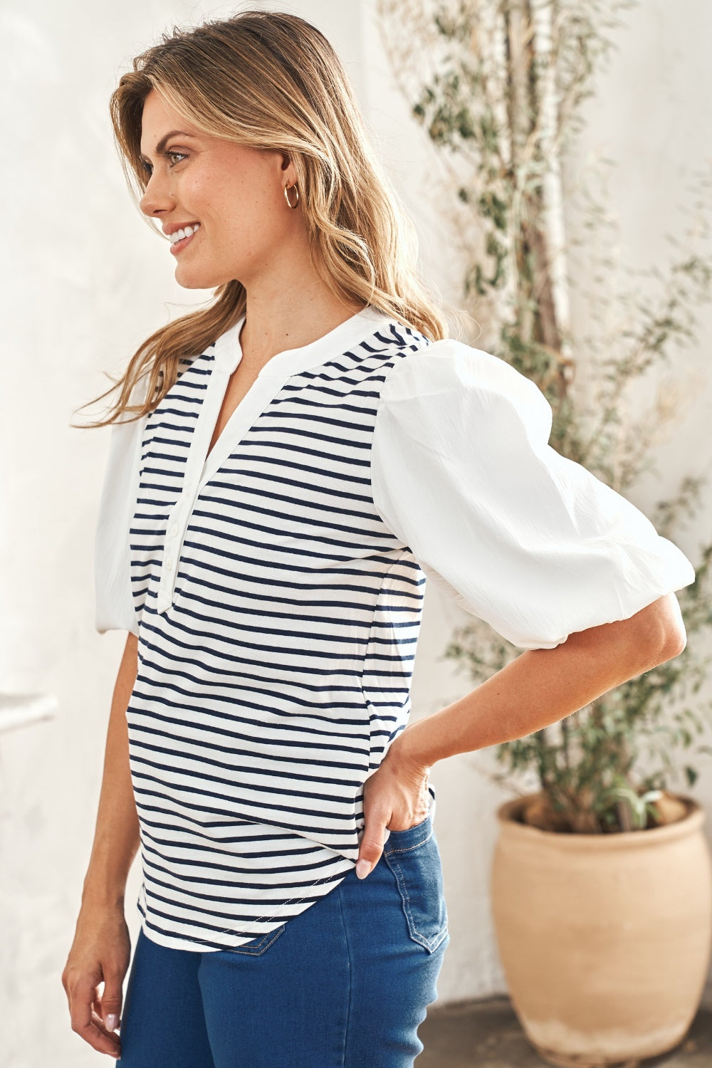 Striped Contrast Puff Sleeve Top