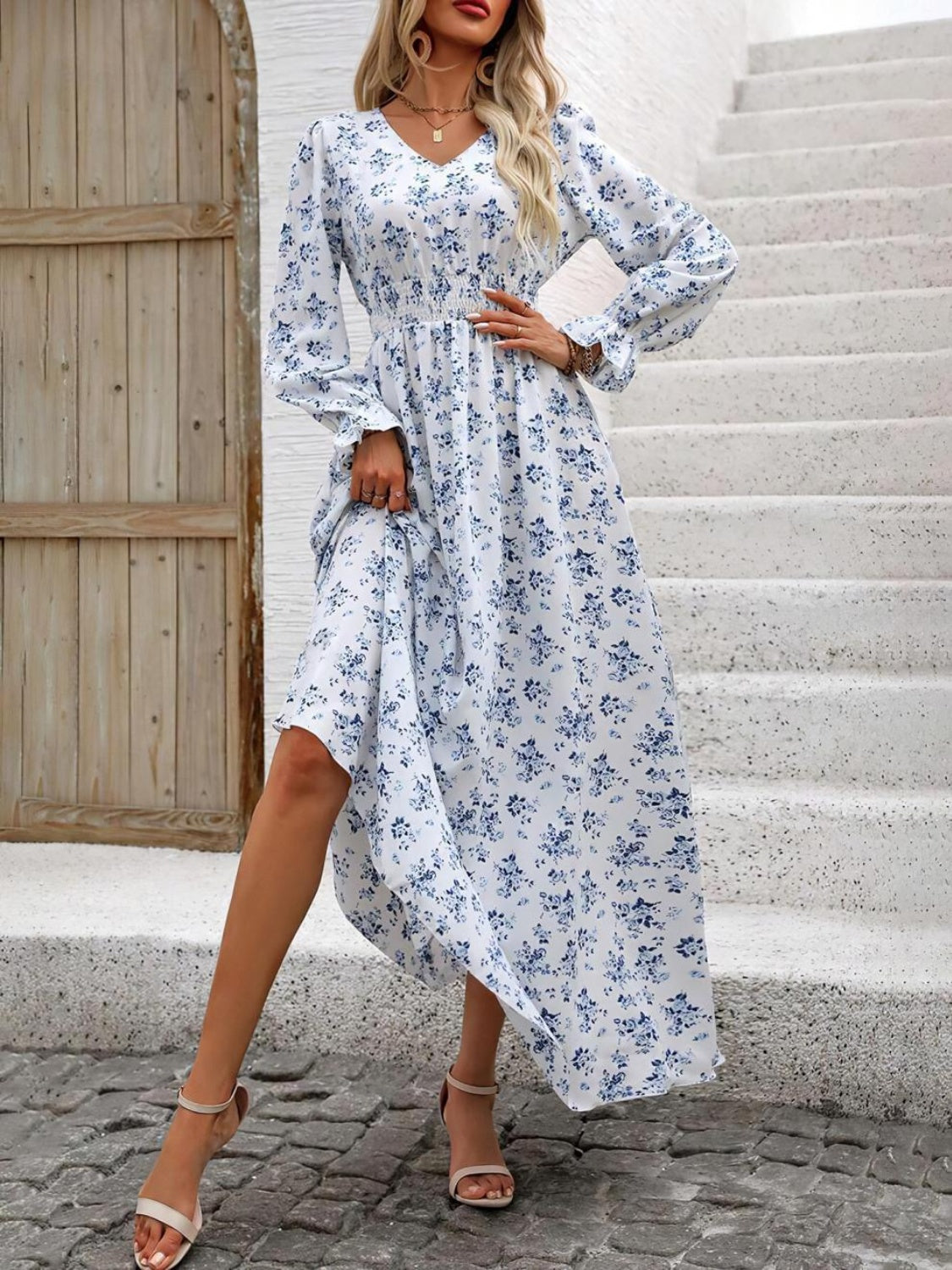 Smocked Printed V-Neck Flounce Sleeve Dress