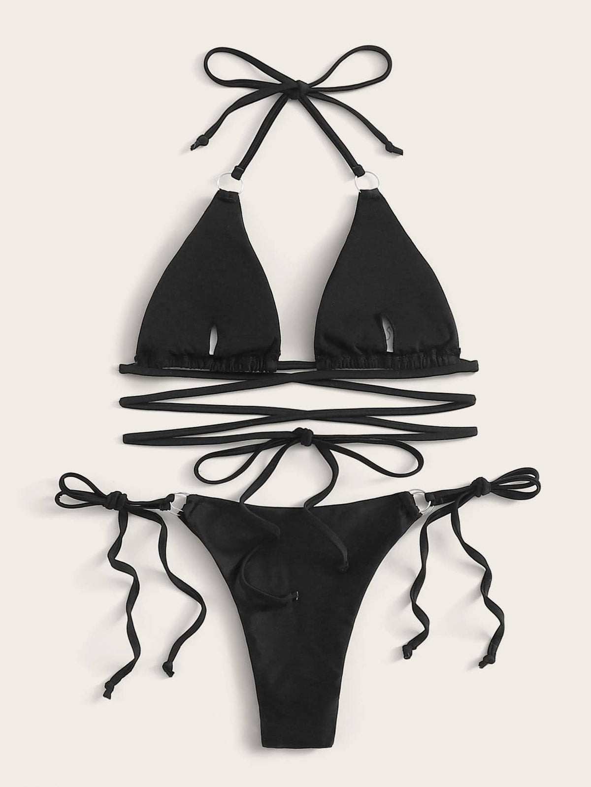 Black Halter Top With Body Straps Bikini Set - 