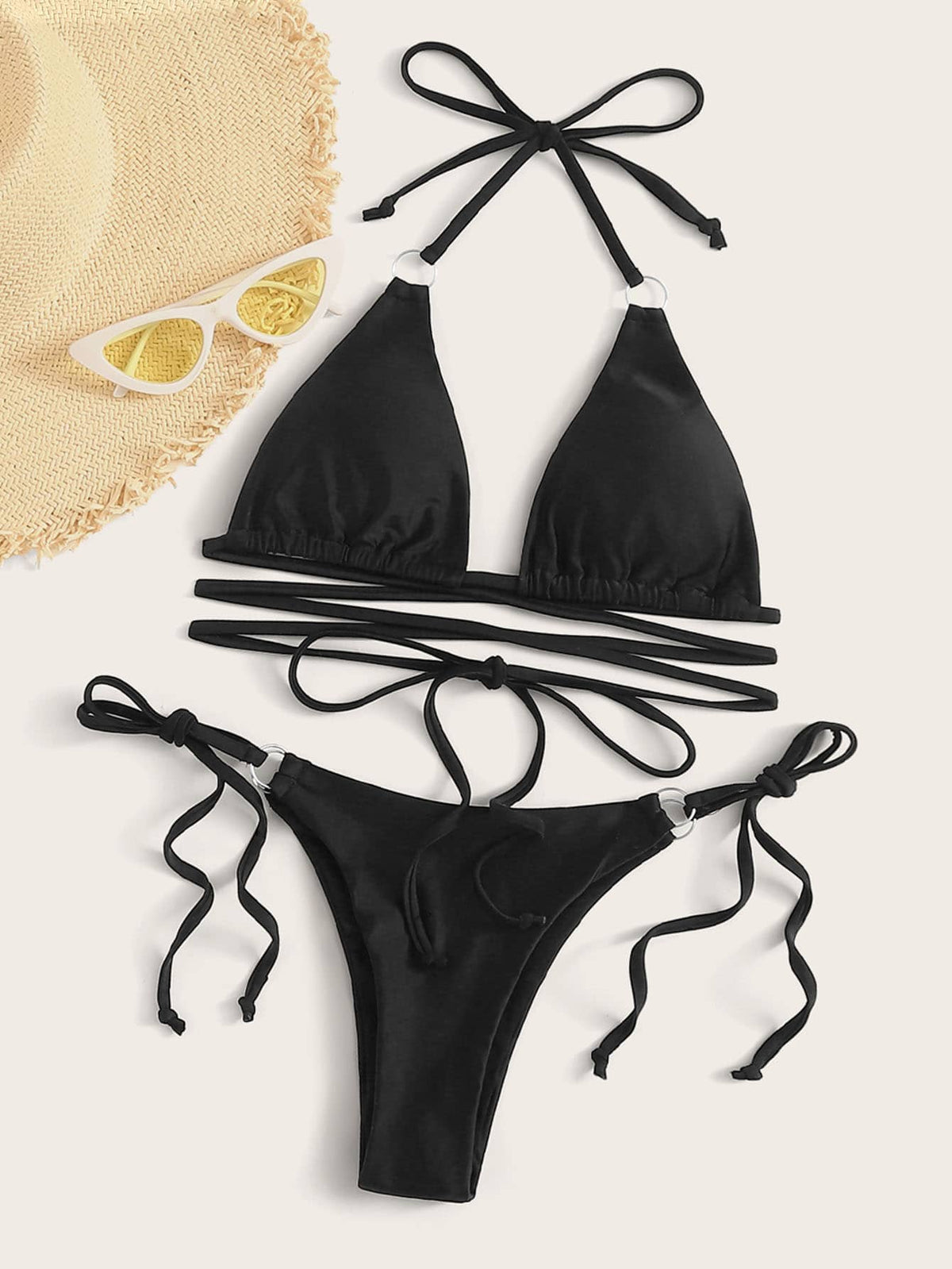 Black Halter Top With Body Straps Bikini Set - 