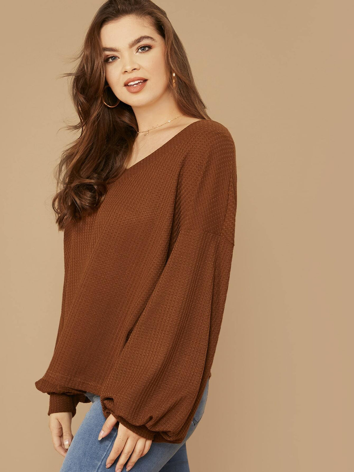 Plus Size Drop Shoulder Waffle Knit Top with Lantern Sleeve - 