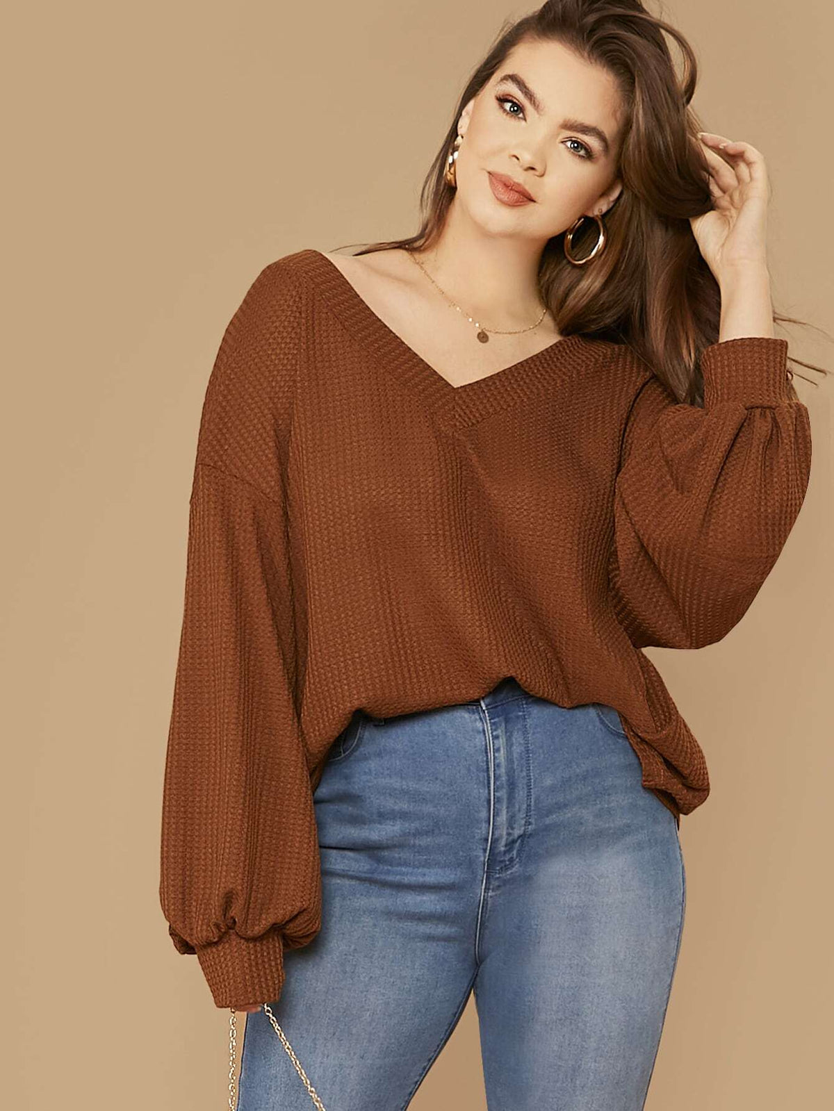 Plus Size Drop Shoulder Waffle Knit Top with Lantern Sleeve - Coffee Brown-2 / 4XL