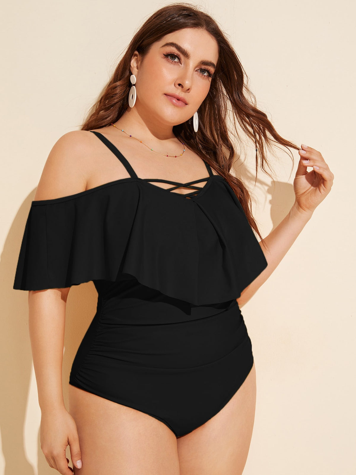 Off Shoulder Ruffled One Piece Swimsuit - 