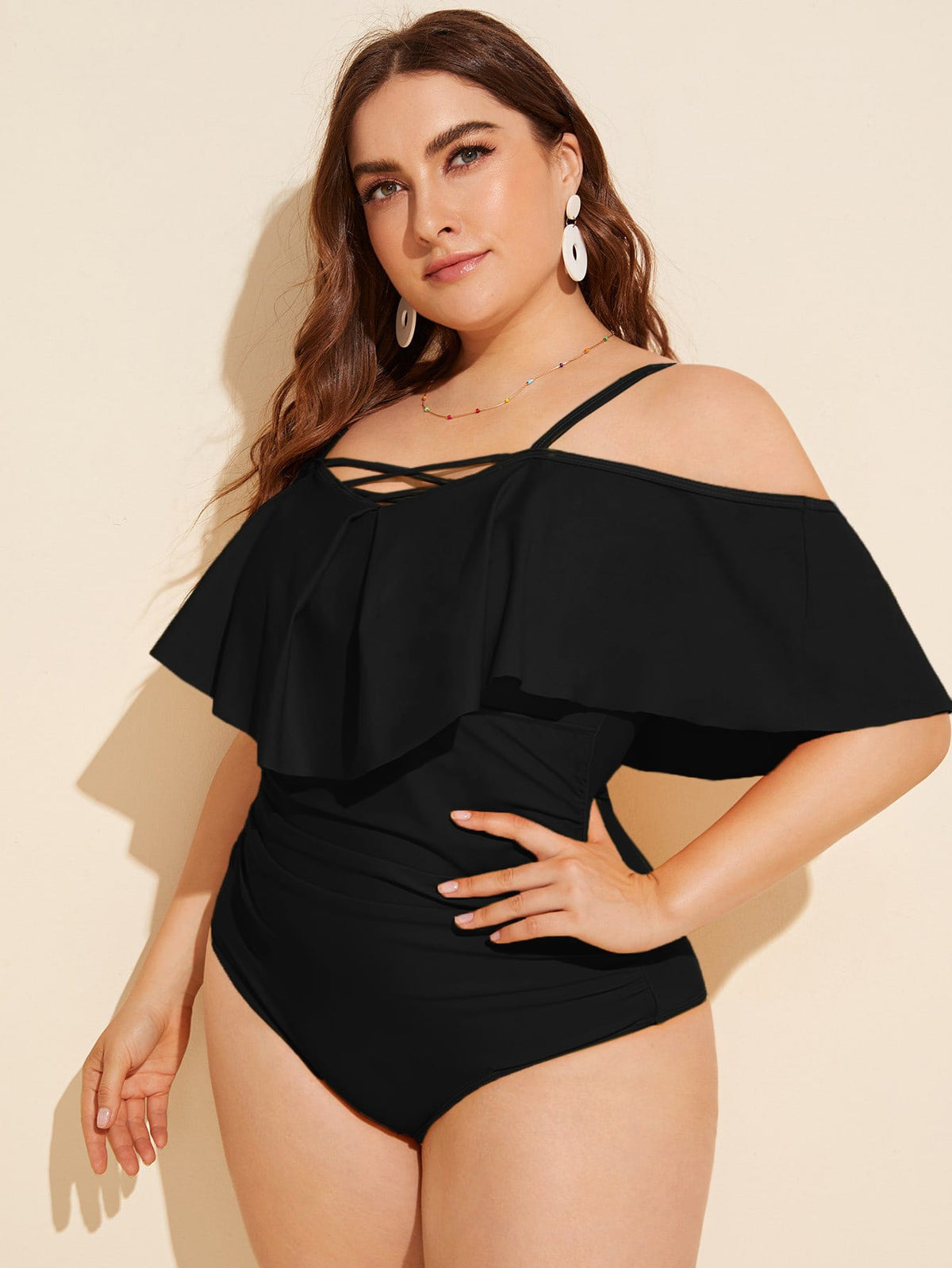 Off Shoulder Ruffled One Piece Swimsuit - 