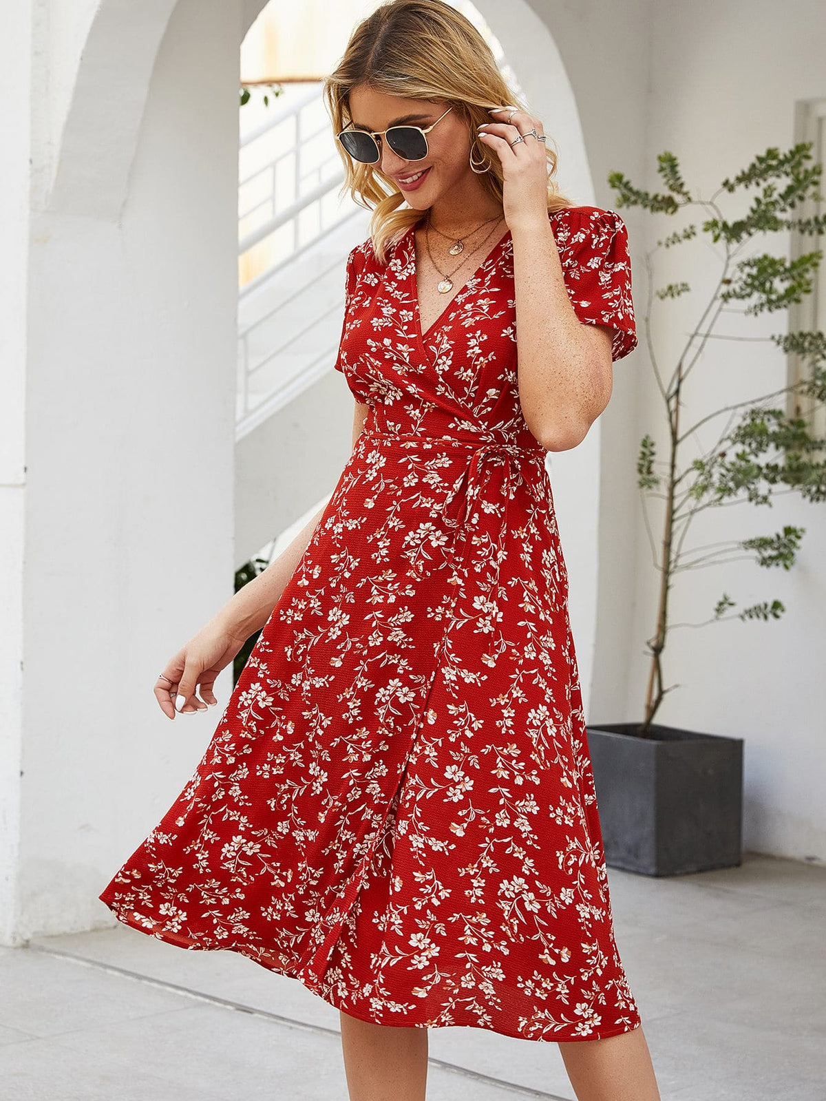 Print Wrap Dress - Red / XL