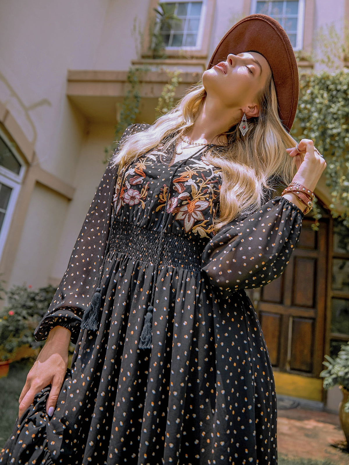 Floral Embroidery Polka Dot Dress - 