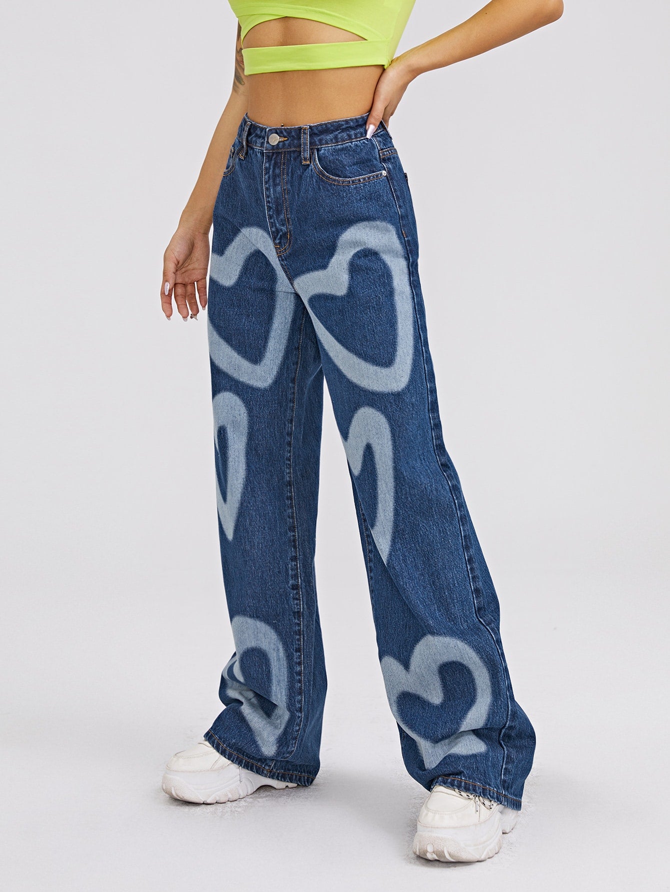 Wide Leg Jeans with Heart Print