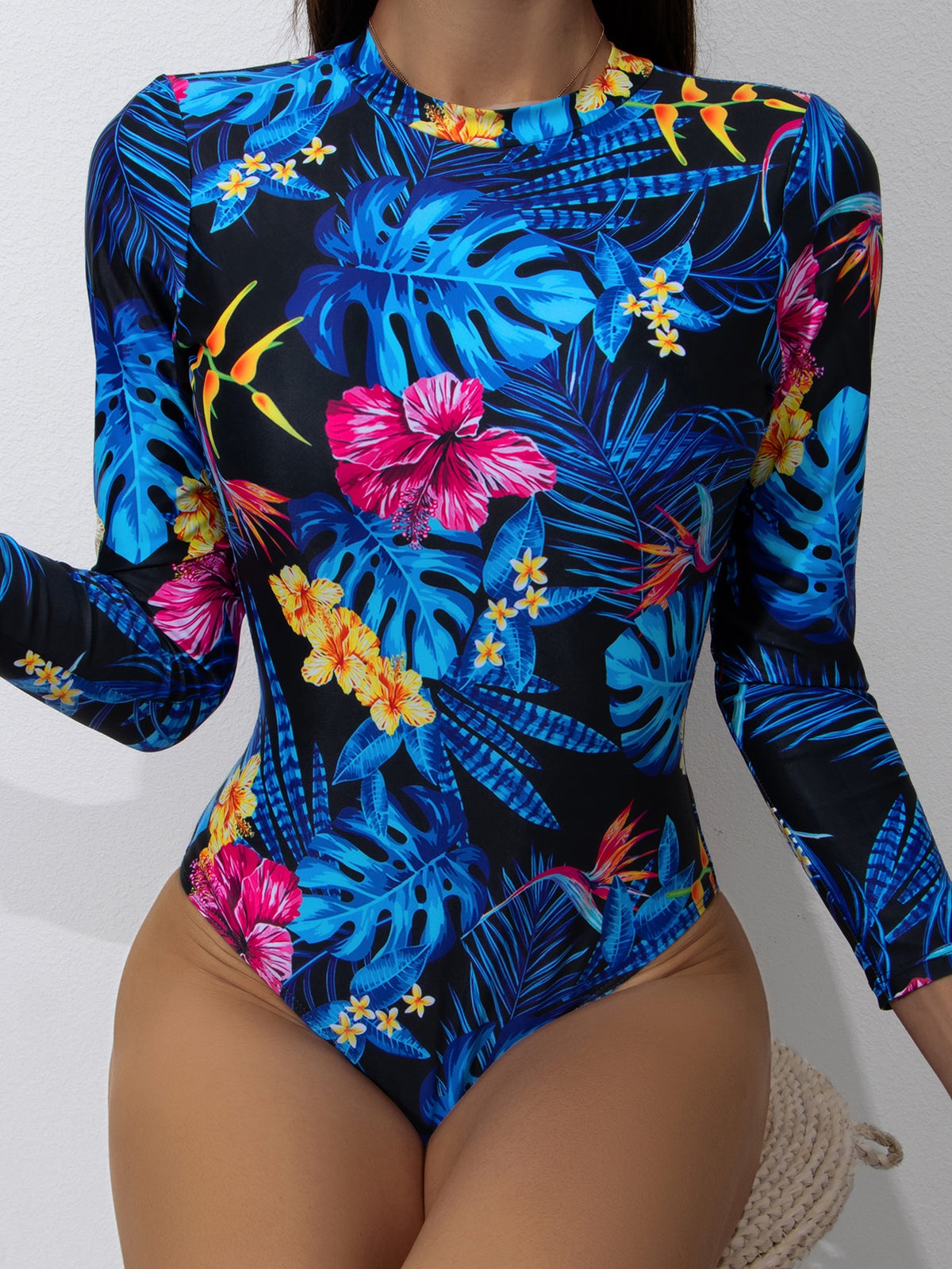 Tropical Print High Neck One Piece Swimsuit - Multicolor-2 / XL