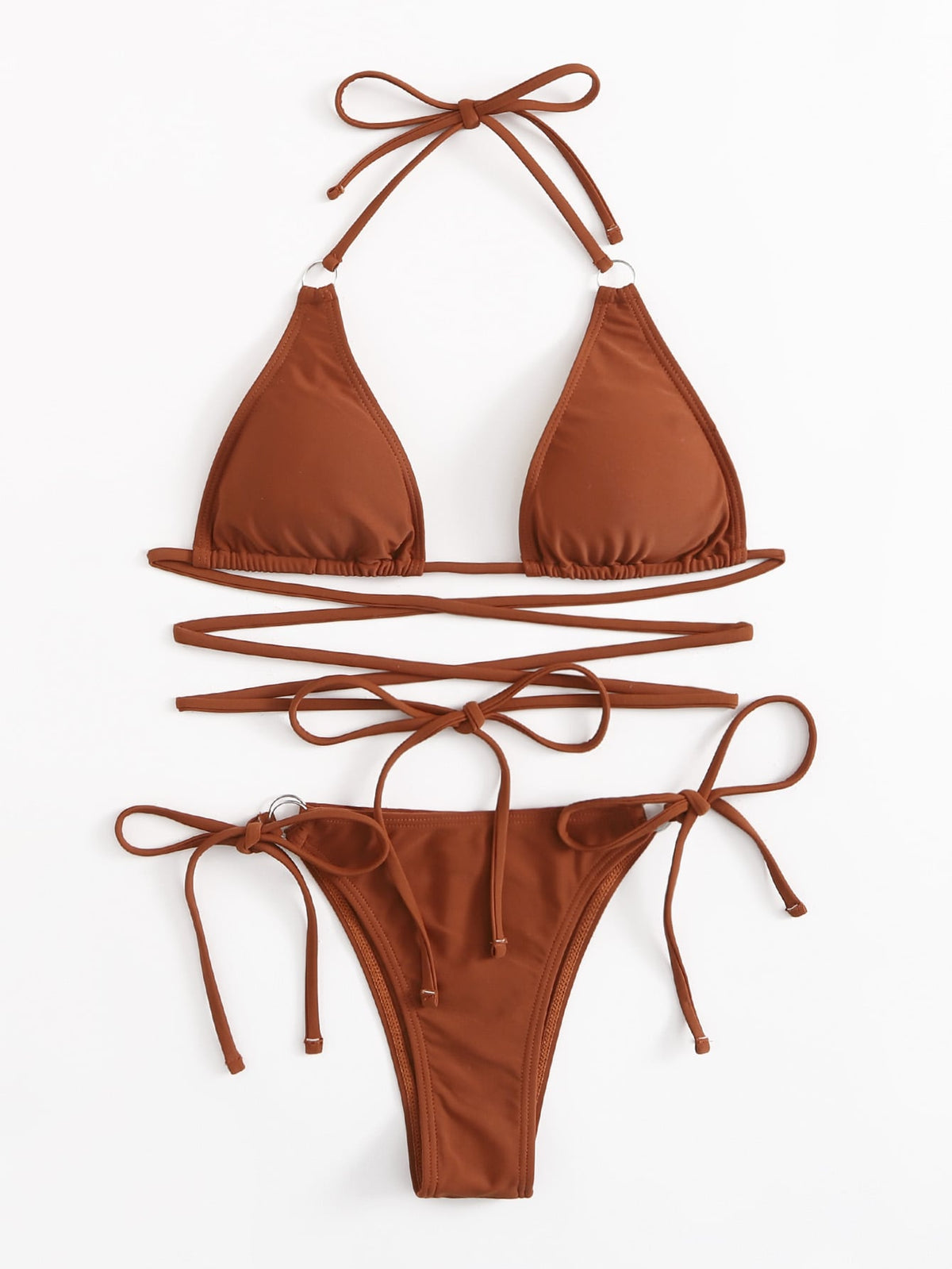 Black Halter Top With Body Straps Bikini Set - Brown / L