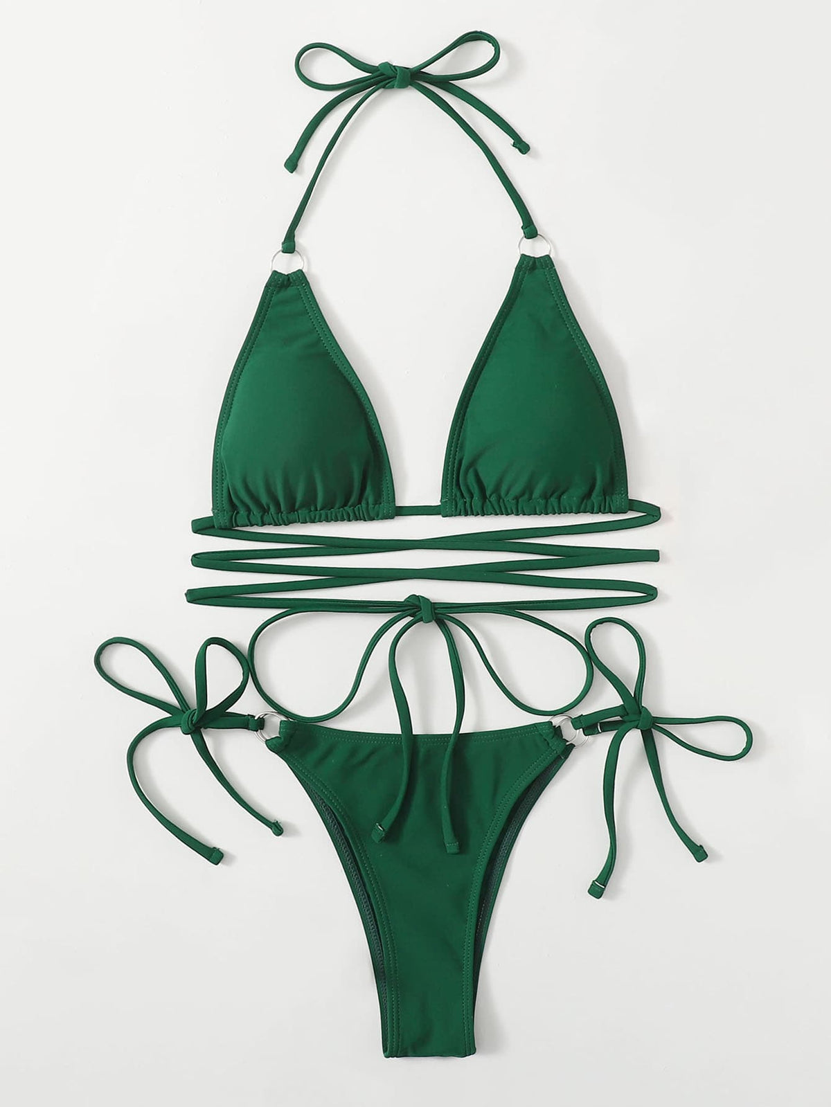 Black Halter Top With Body Straps Bikini Set - Dark Green / XL