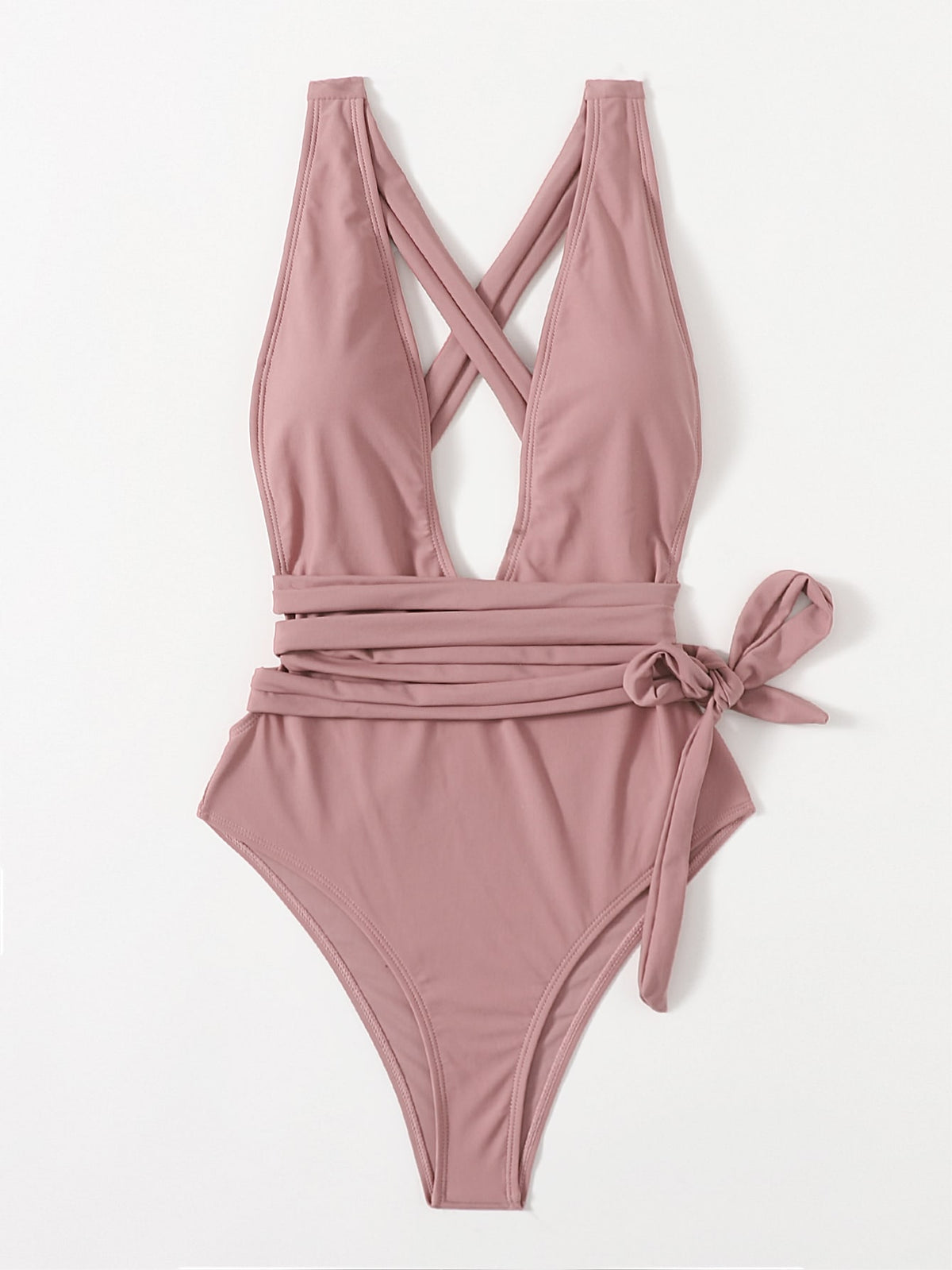 White Plunging Neck One Piece Swimsuit - Dusty Pink / L