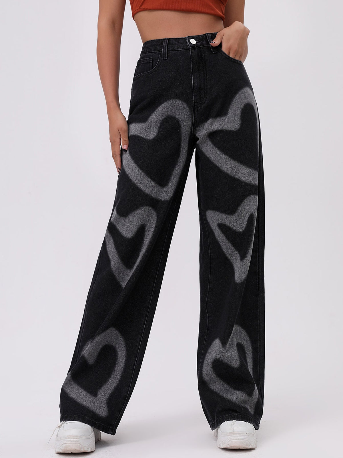 Wide Leg Jeans with Heart Print
