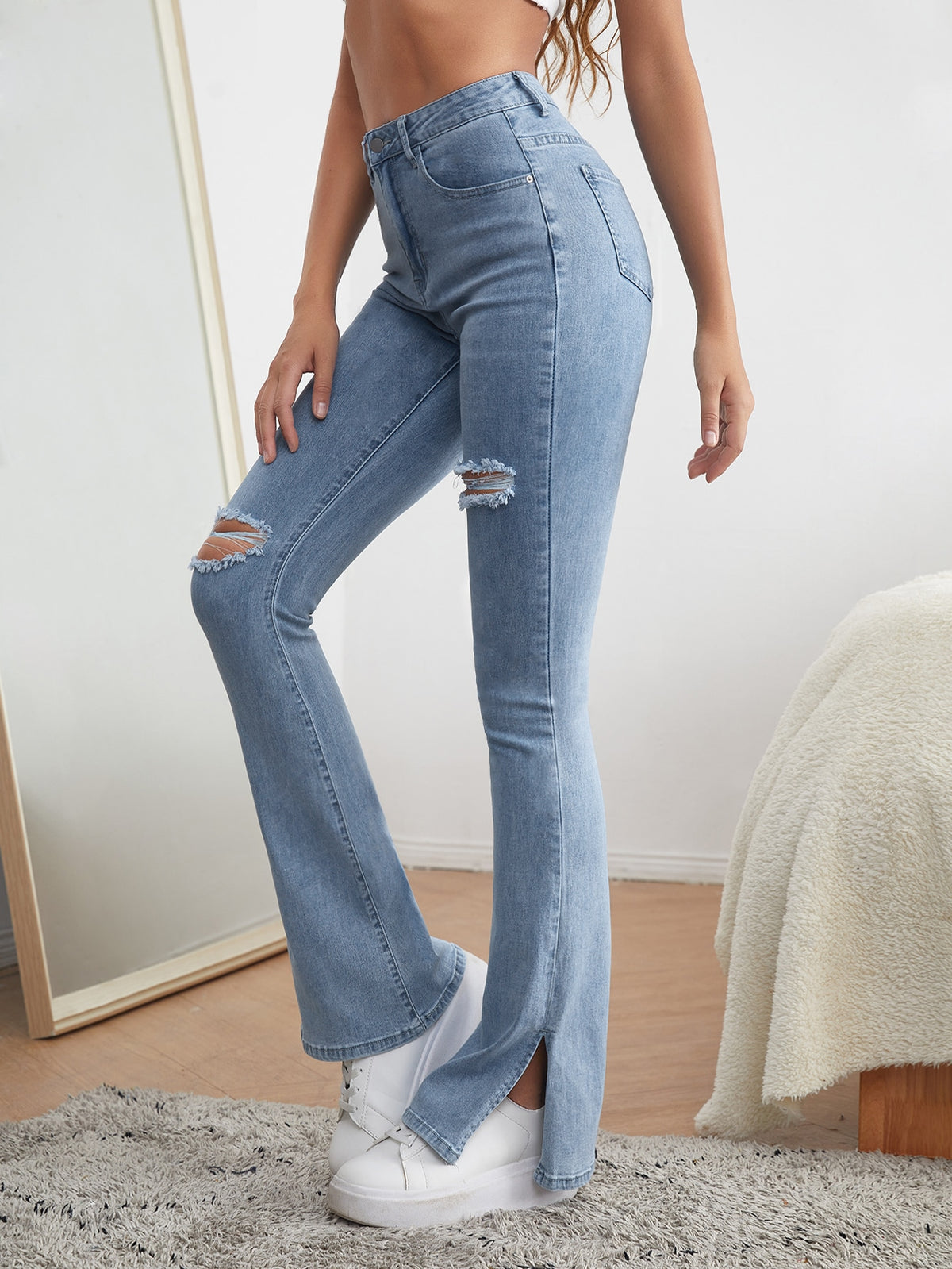 Ripped Flare Leg Jeans with High Waist