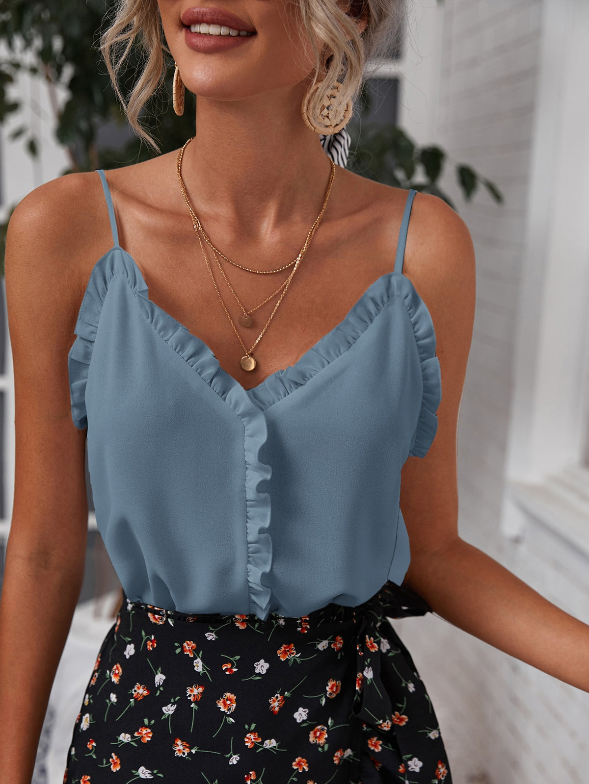 Cami Top with Frill Trim - Dusty Blue / L