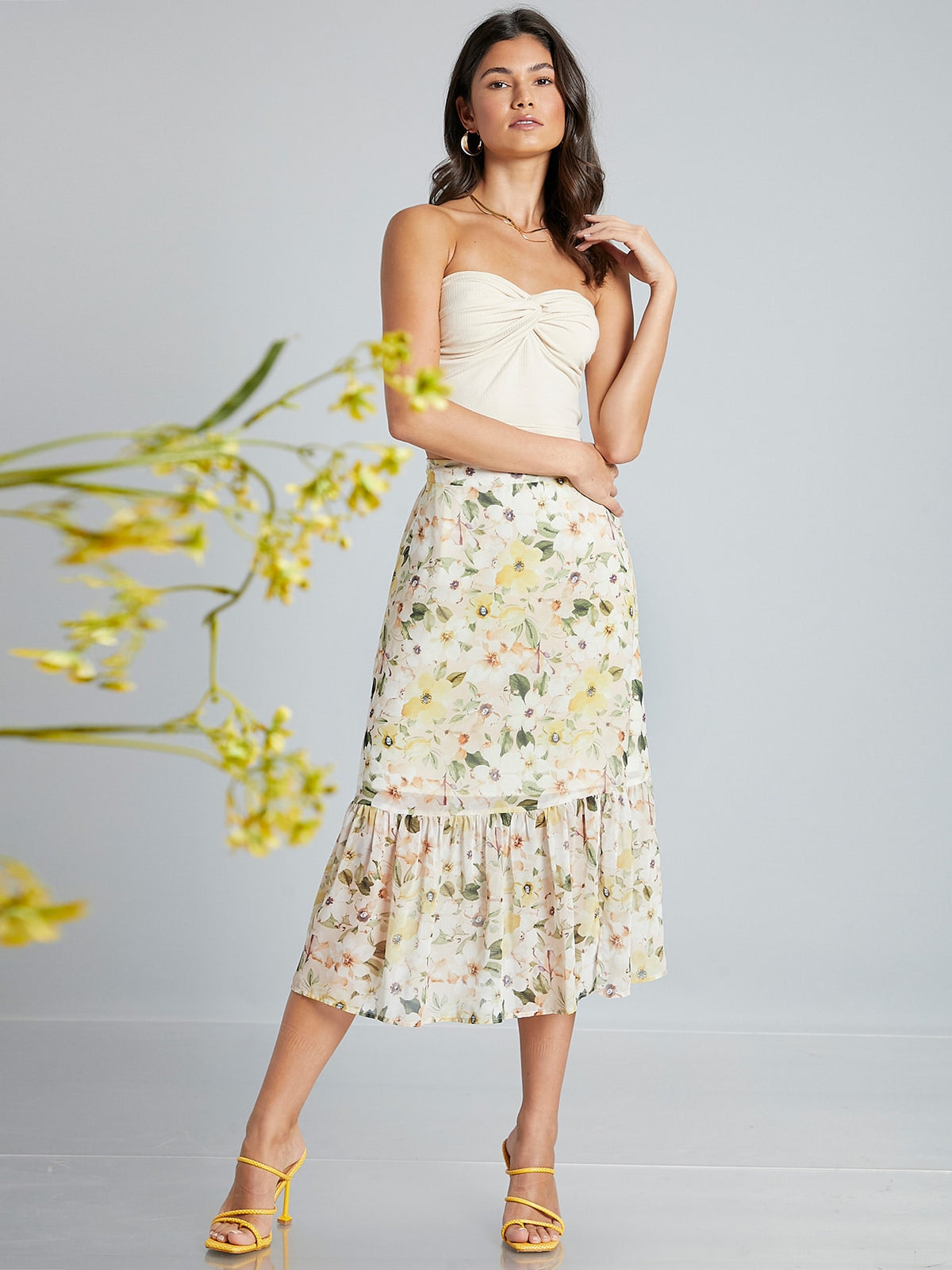 Floral Skirt With Ruffle Hem - 