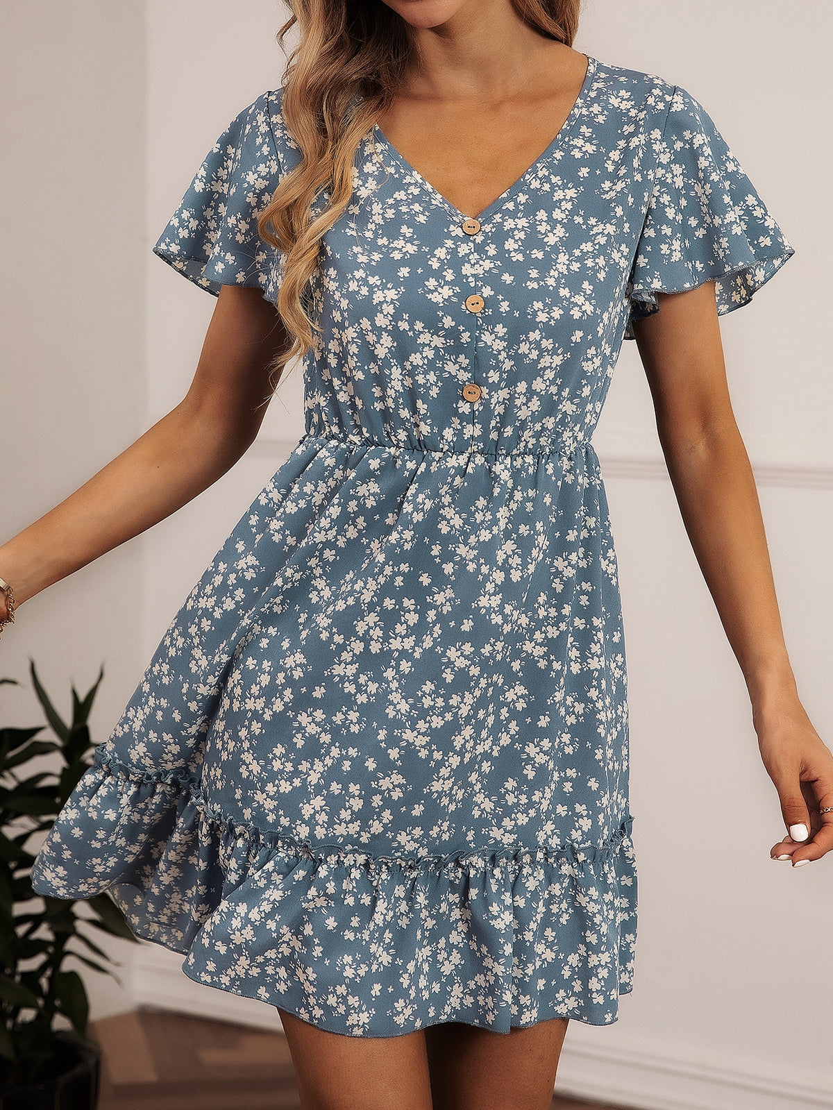 Floral Print Dress with Ruffle - Dusty Blue / XL