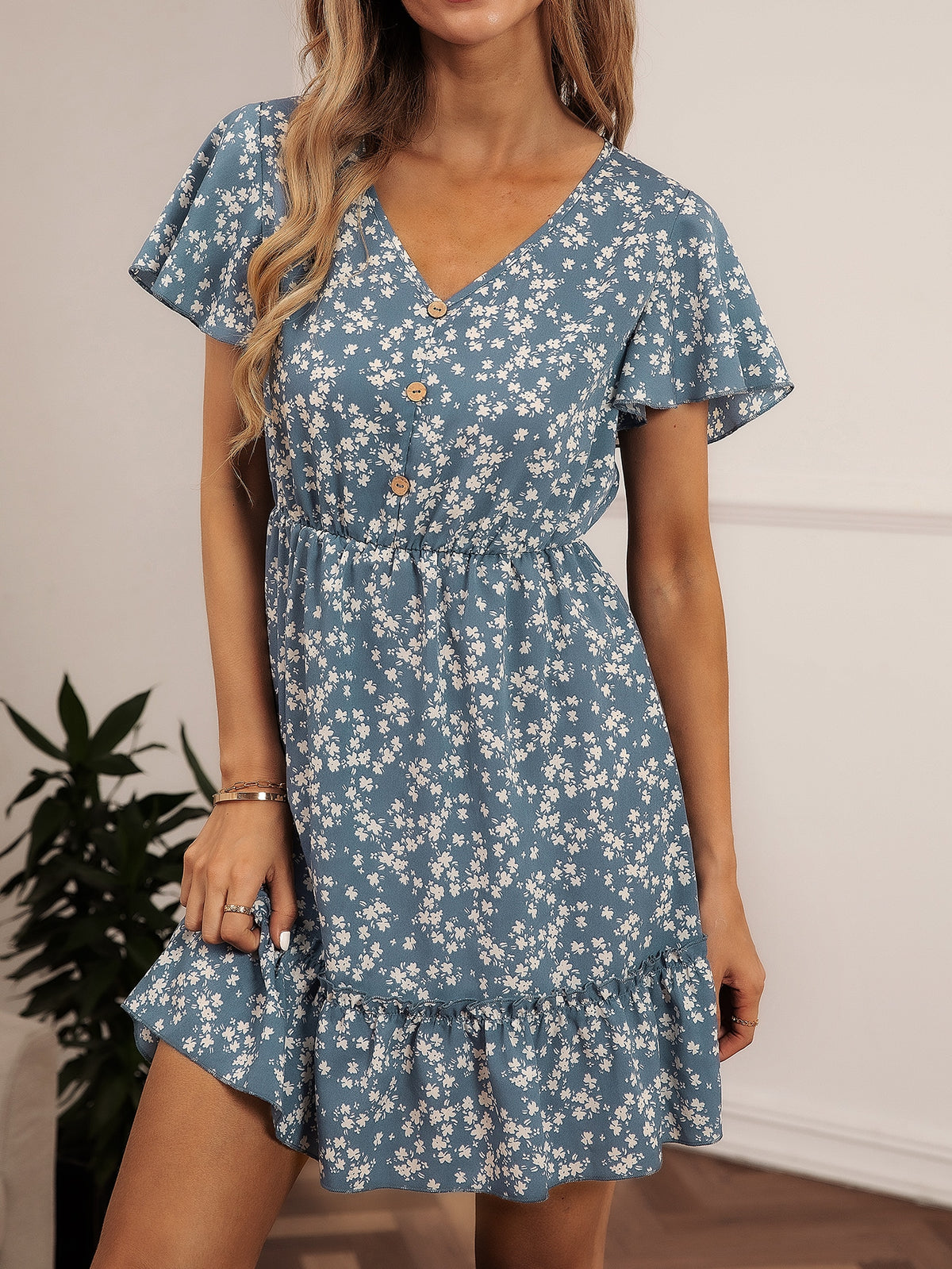 Floral Print Dress with Ruffle - 