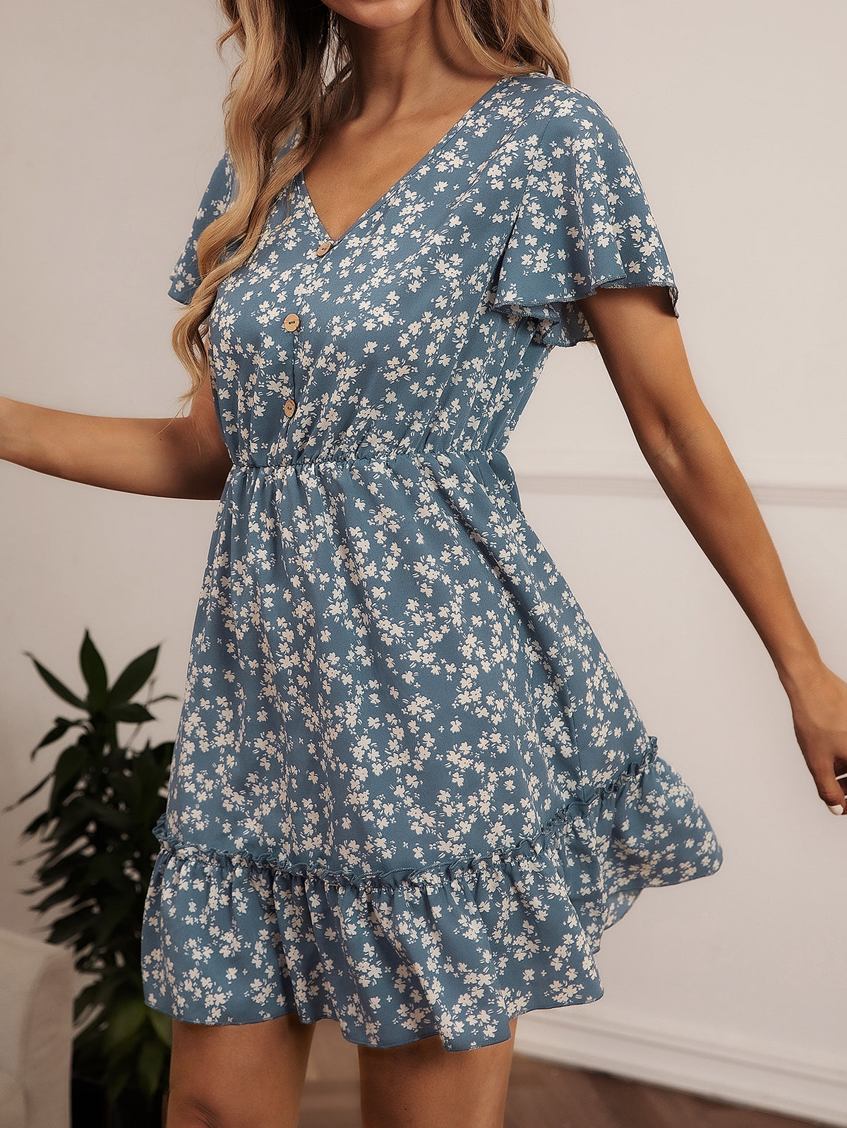 Floral Print Dress with Ruffle - 