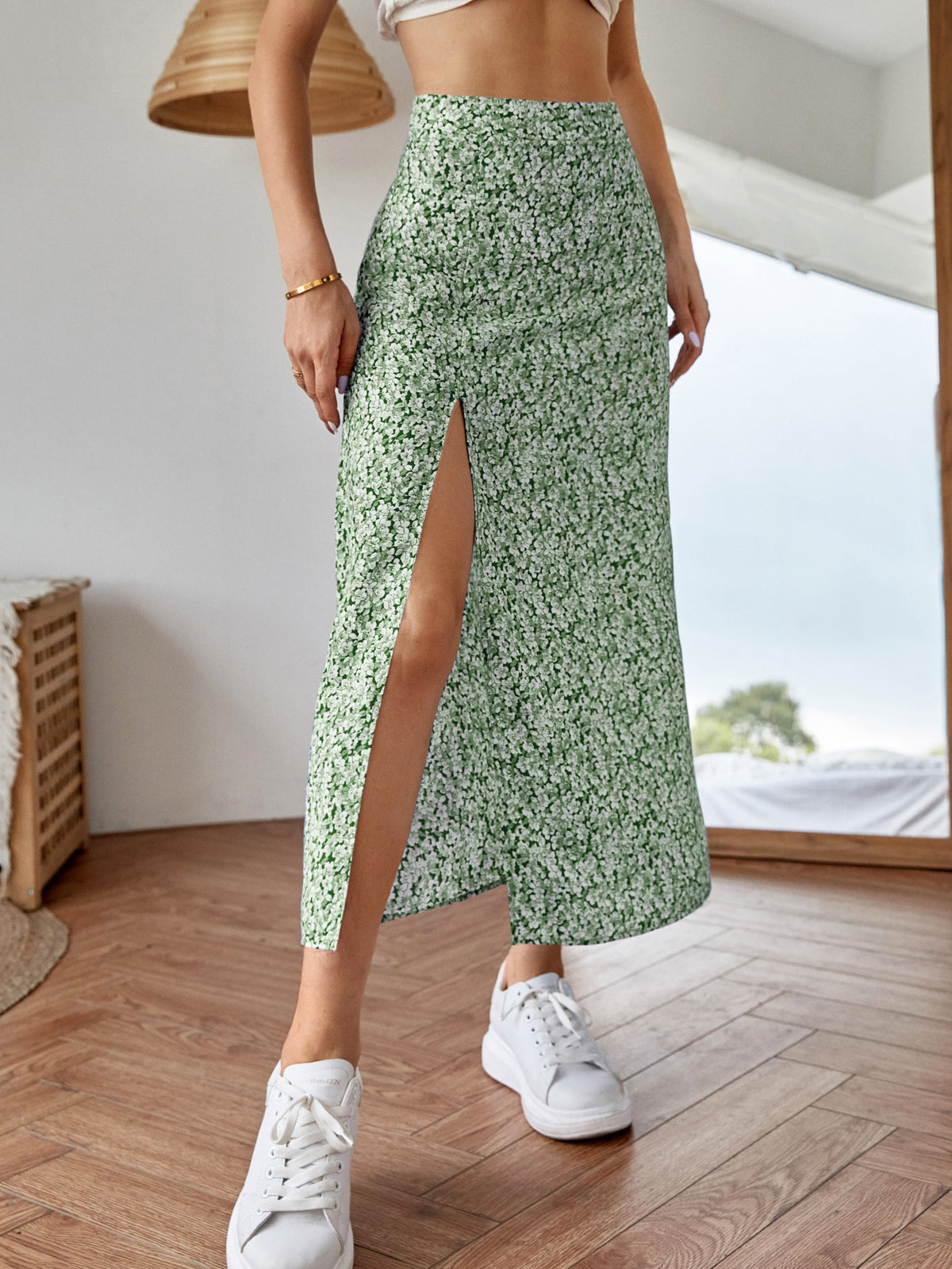 FULL TILT Girls Retro Floral Slit Skirt - GREEN