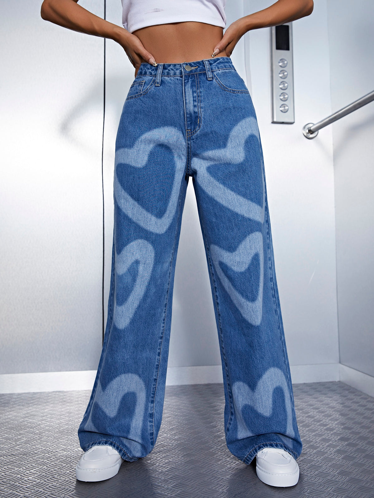 Wide Leg Jeans with Heart Print