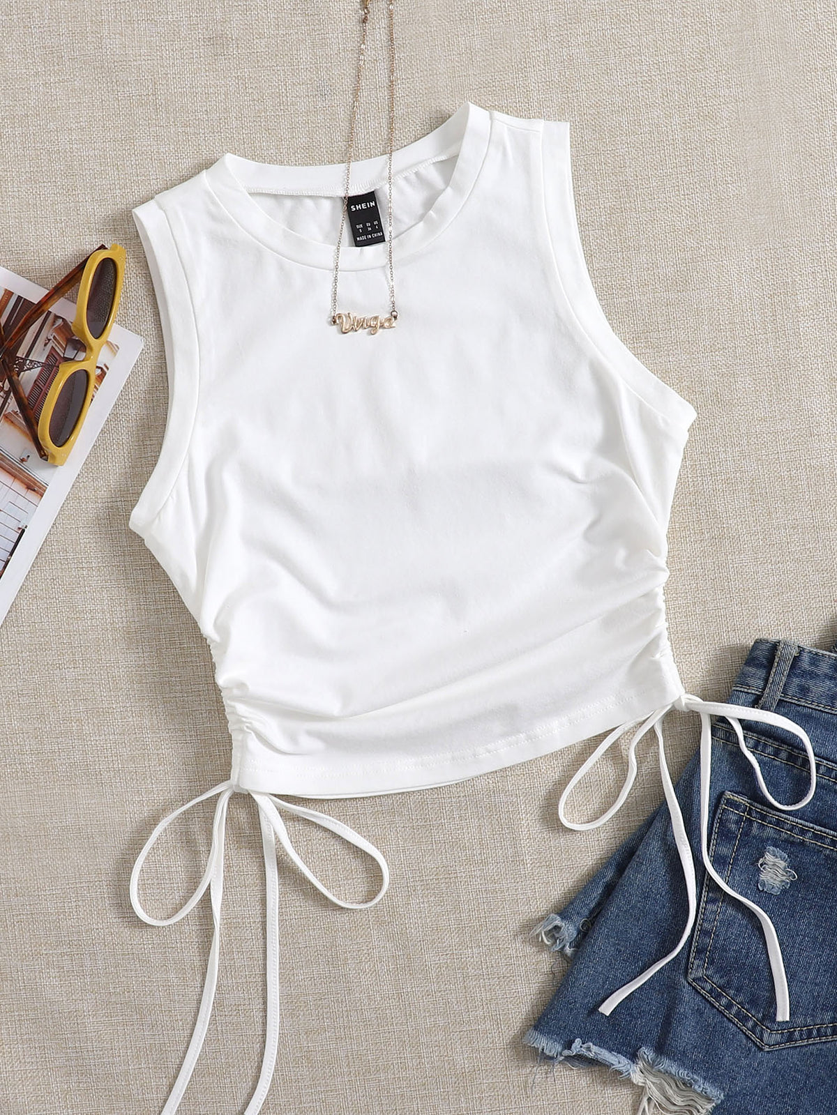 Crop Tank Top with Drawstring Side - White / XL