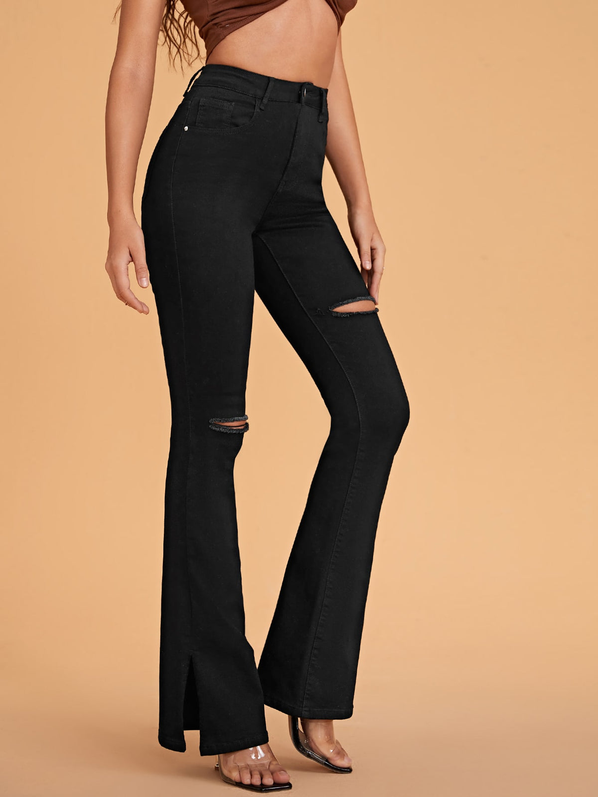 Ripped Flare Leg Jeans with High Waist - Black / L