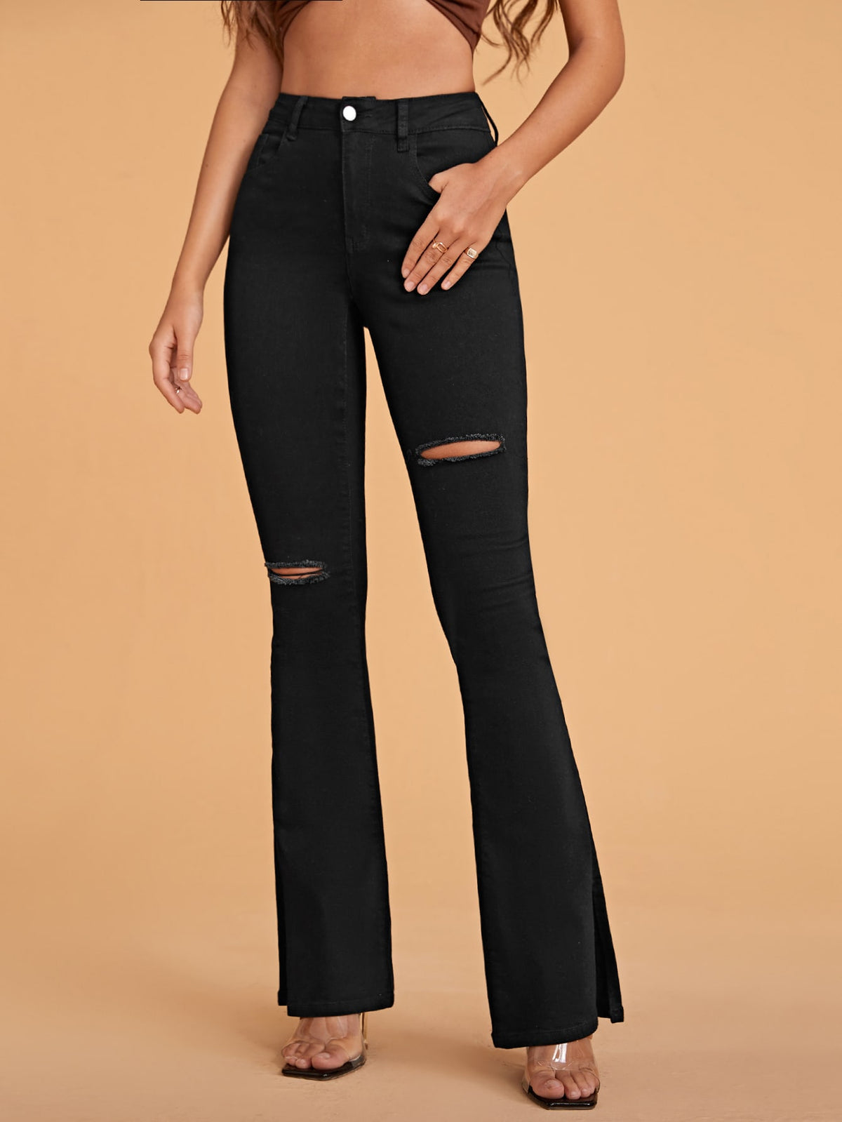 Ripped Flare Leg Jeans with High Waist - 