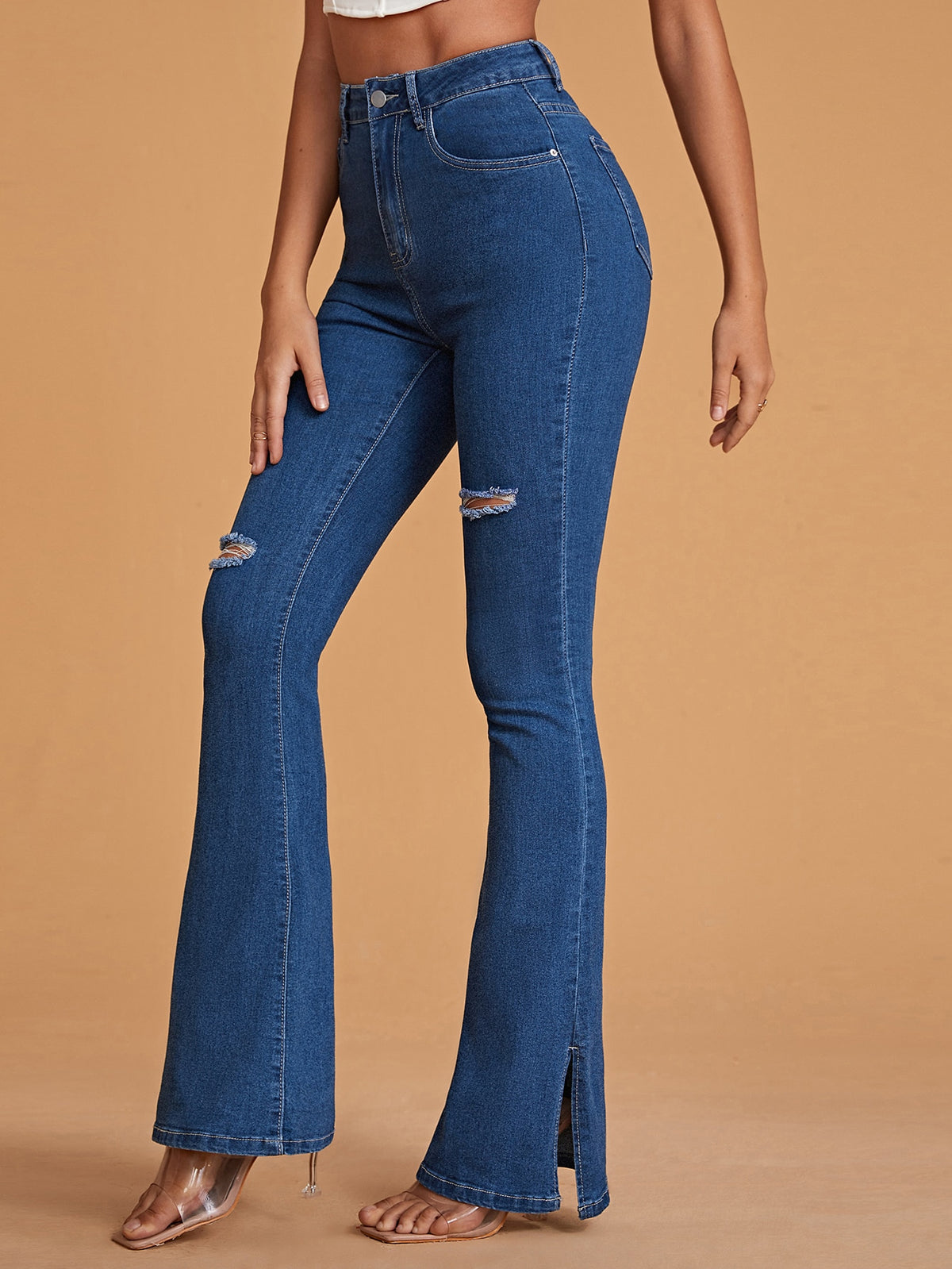 Ripped Flare Leg Jeans with High Waist - Medium Wash / L