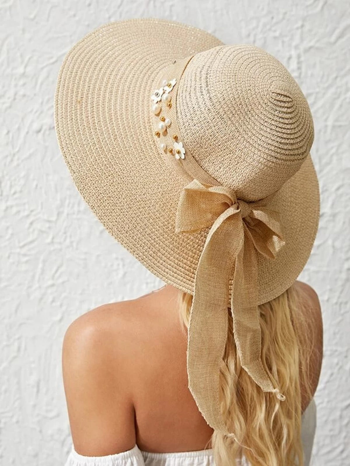 Straw Hat with Pretty Faux Pearl &amp; Flowers - Beige / one-size