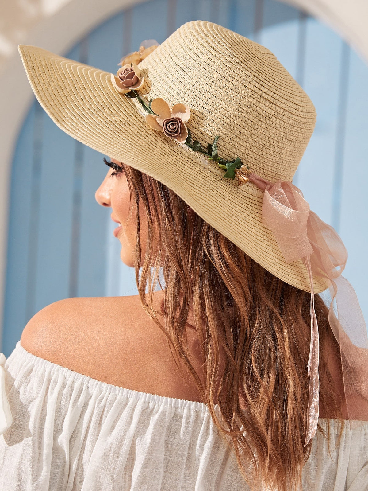 Straw Hat With Flowers - Beige / one-size
