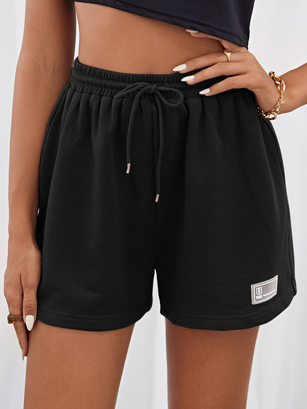 Drawstring Waist Shorts with Patched Detail