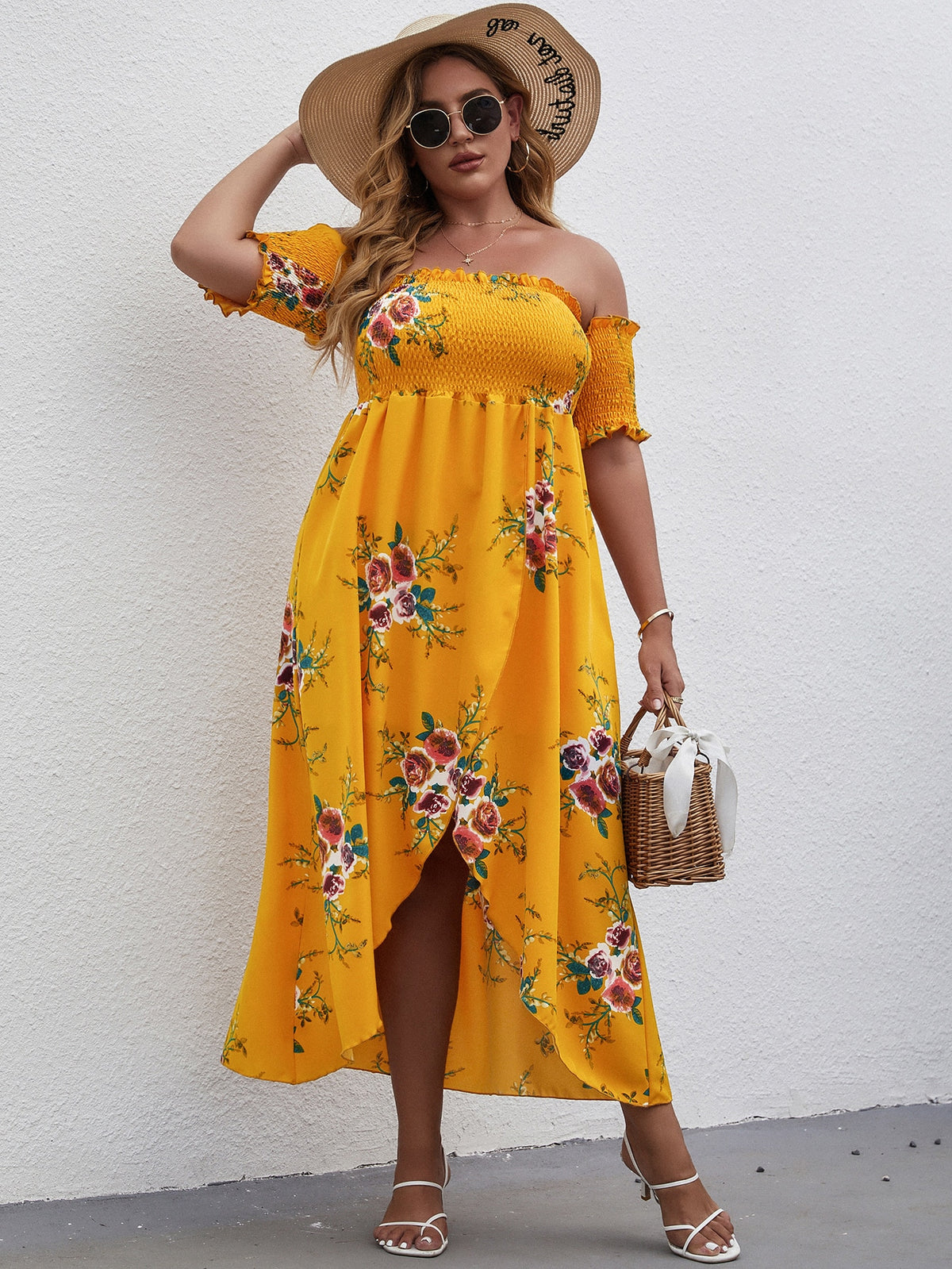 Plus Floral Off The Shoulder Dress with Wrap Hem - Mustard Yellow / 4XL