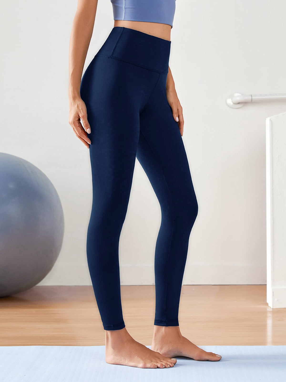 Wide Band Waist Solid Color Sports Leggings - Navy Blue / XL
