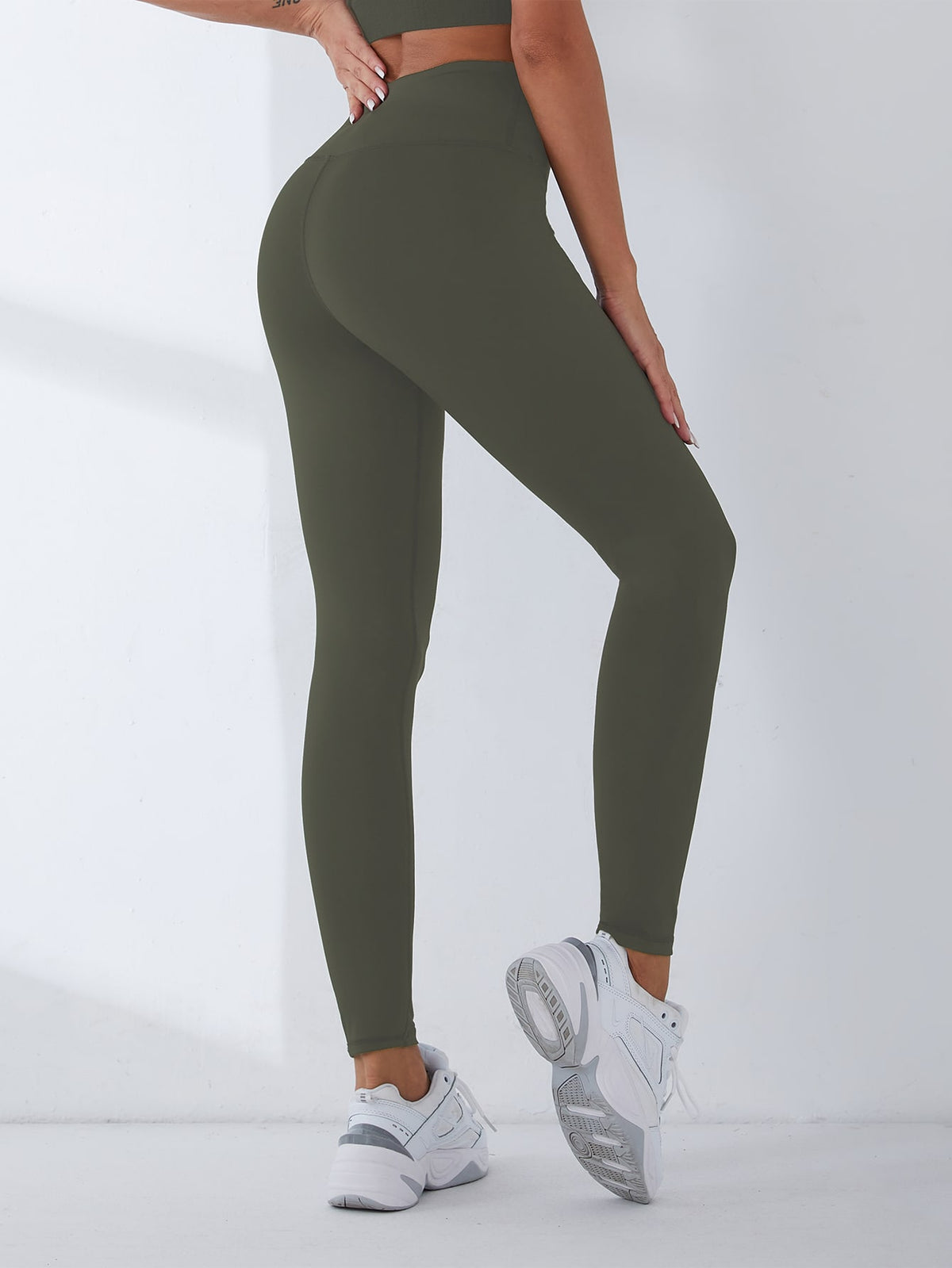Wide Band Waist Solid Color Sports Leggings - Army Green / XL