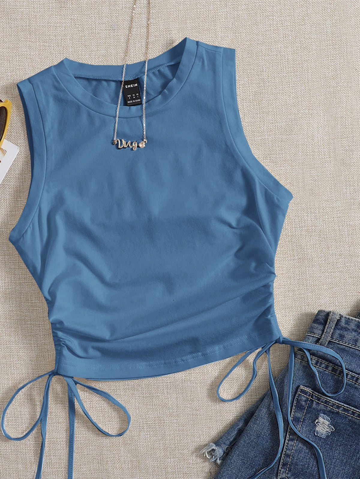 Crop Tank Top with Drawstring Side - Dusty Blue / XL