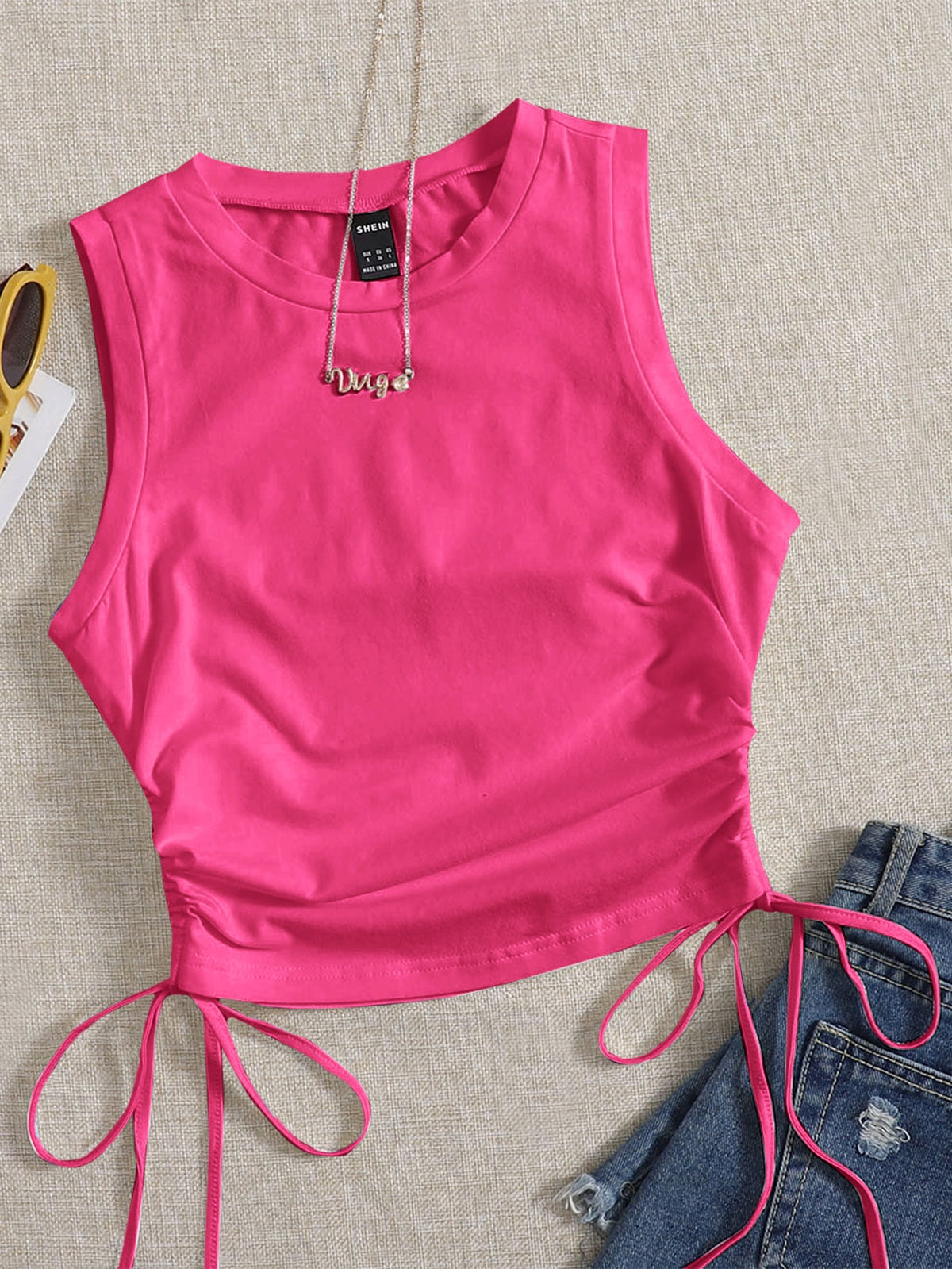 Crop Tank Top with Drawstring Side - Hot Pink / XL