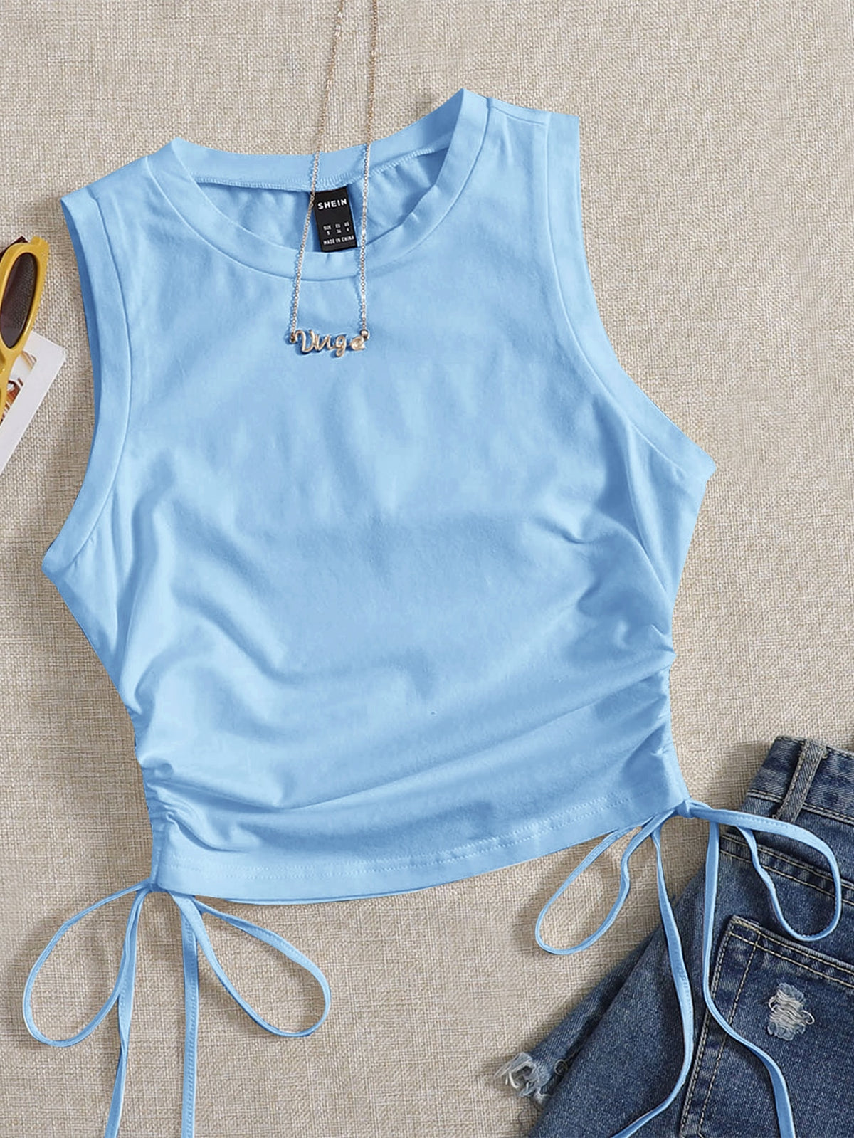 Crop Tank Top with Drawstring Side - Baby Blue / XL