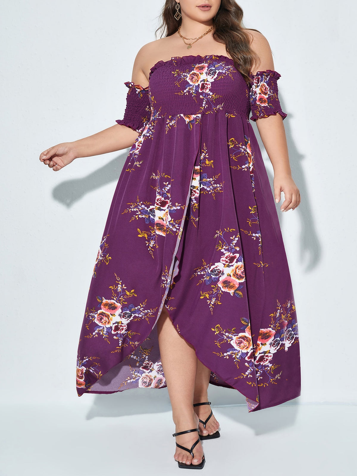 Plus Floral Off The Shoulder Dress with Wrap Hem - Purple / 4XL
