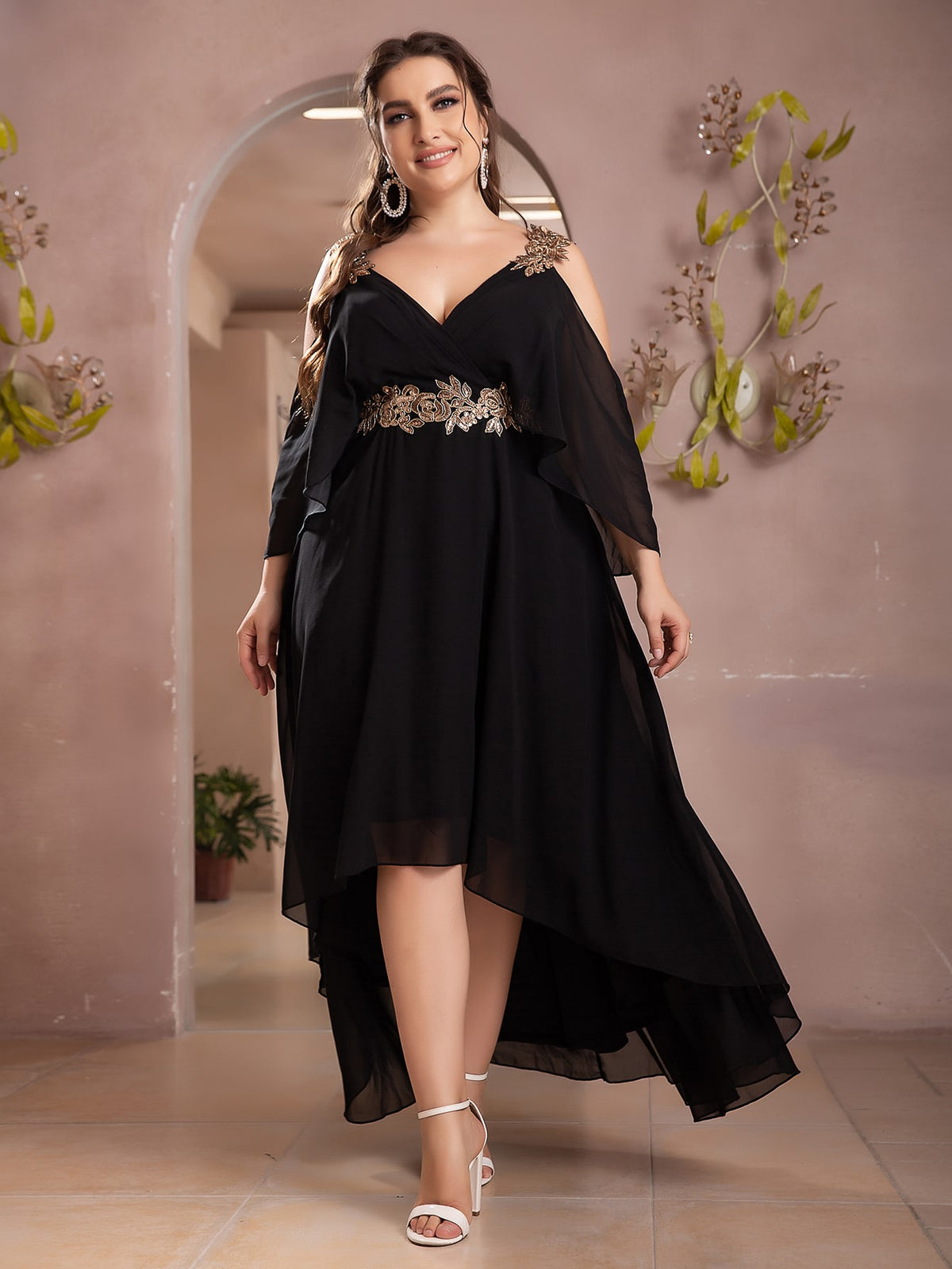 Plus Chiffon Dress with Sequin Applique - Black / 5XL