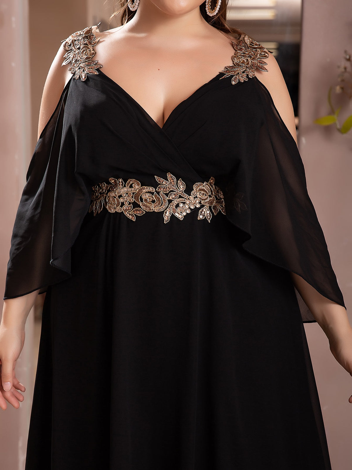 Plus Chiffon Dress with Sequin Applique - 