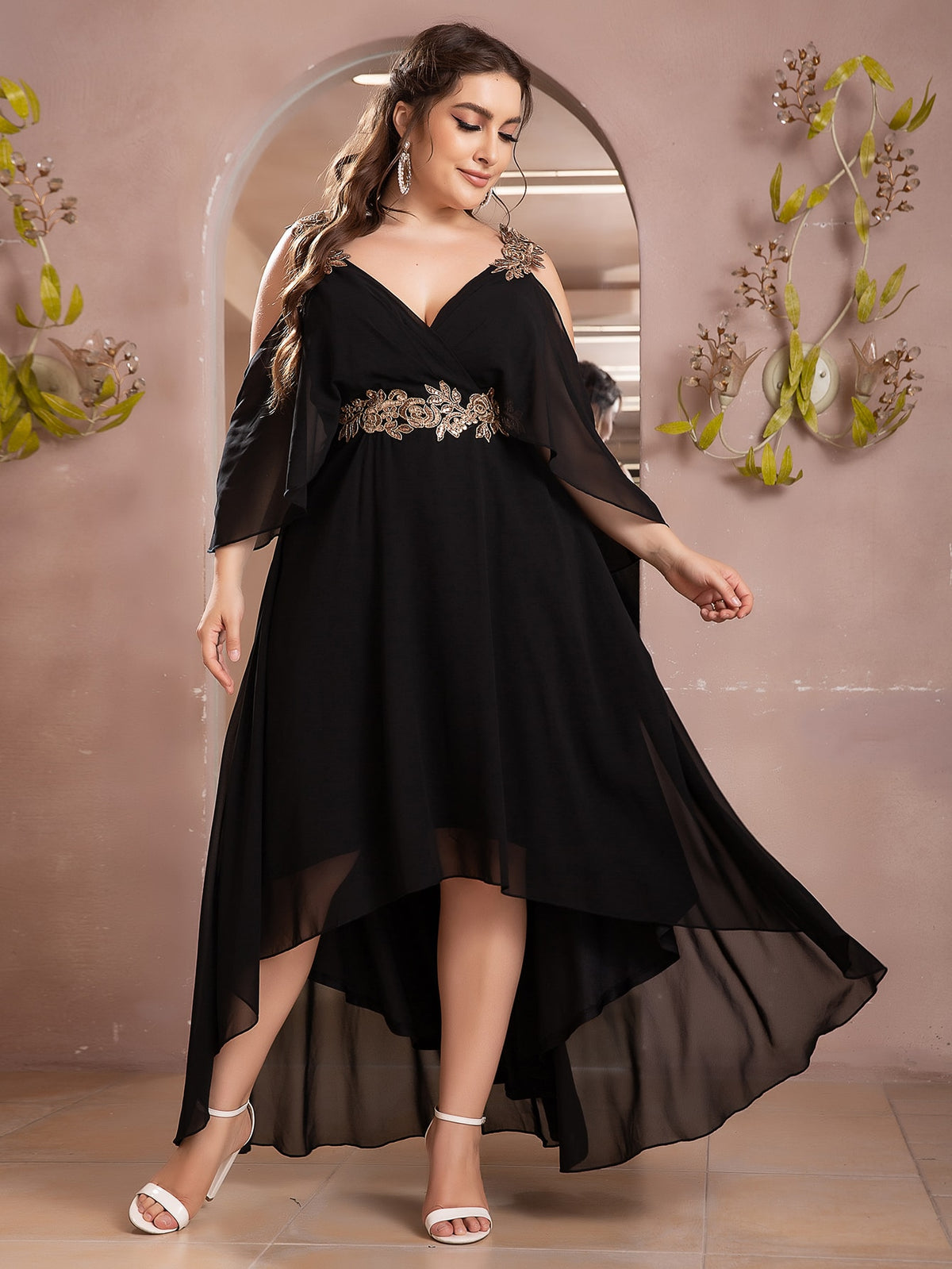 Plus Chiffon Dress with Sequin Applique - 