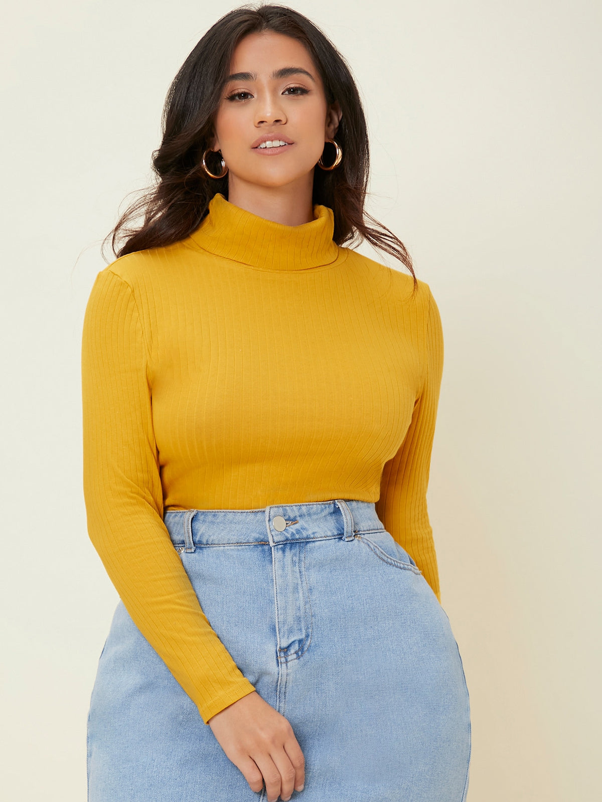 Plus Solid Color Turtleneck Ribbed Knit Tee - Mustard Yellow / 4XL