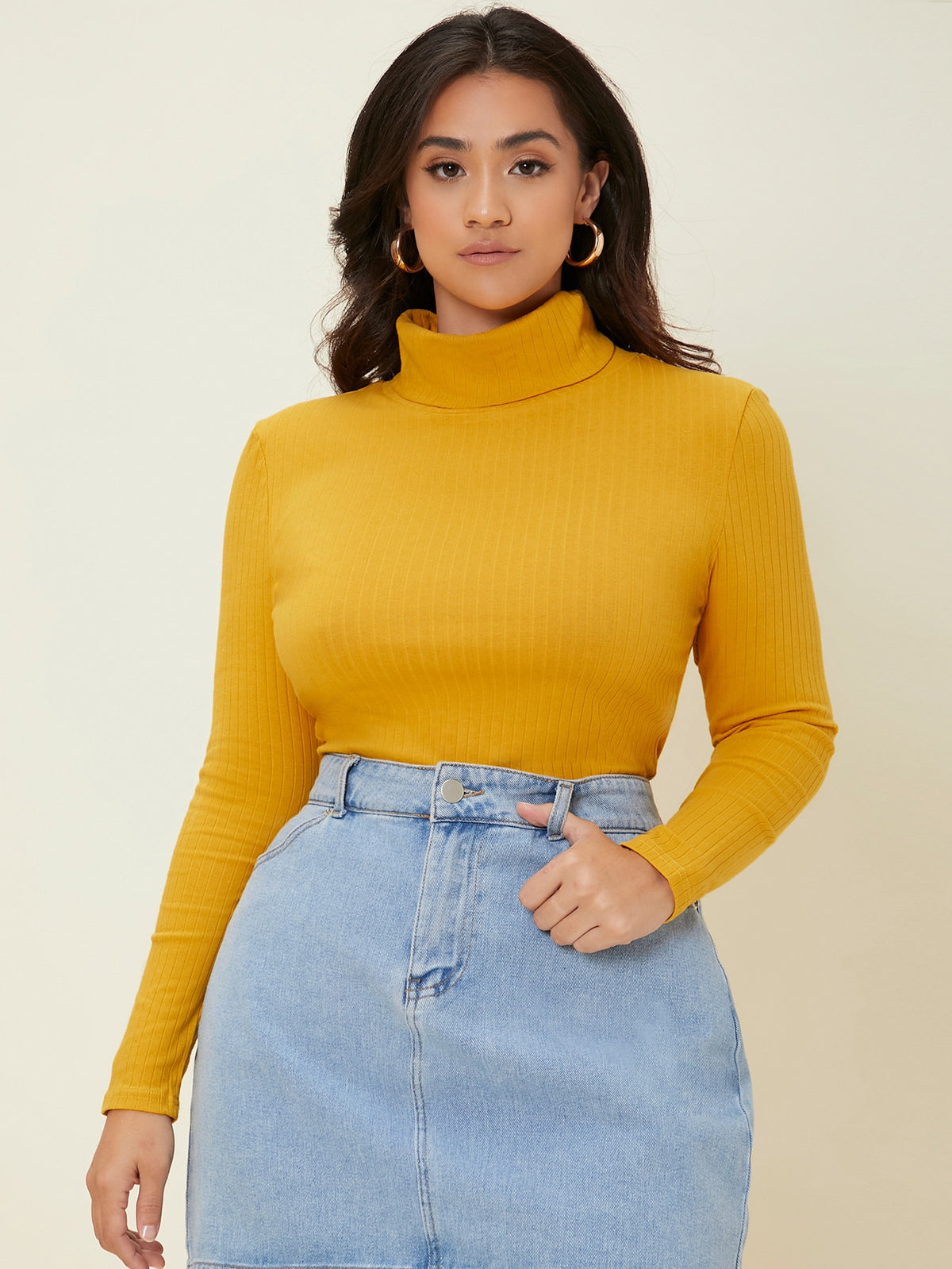 Plus Solid Color Turtleneck Ribbed Knit Tee - 