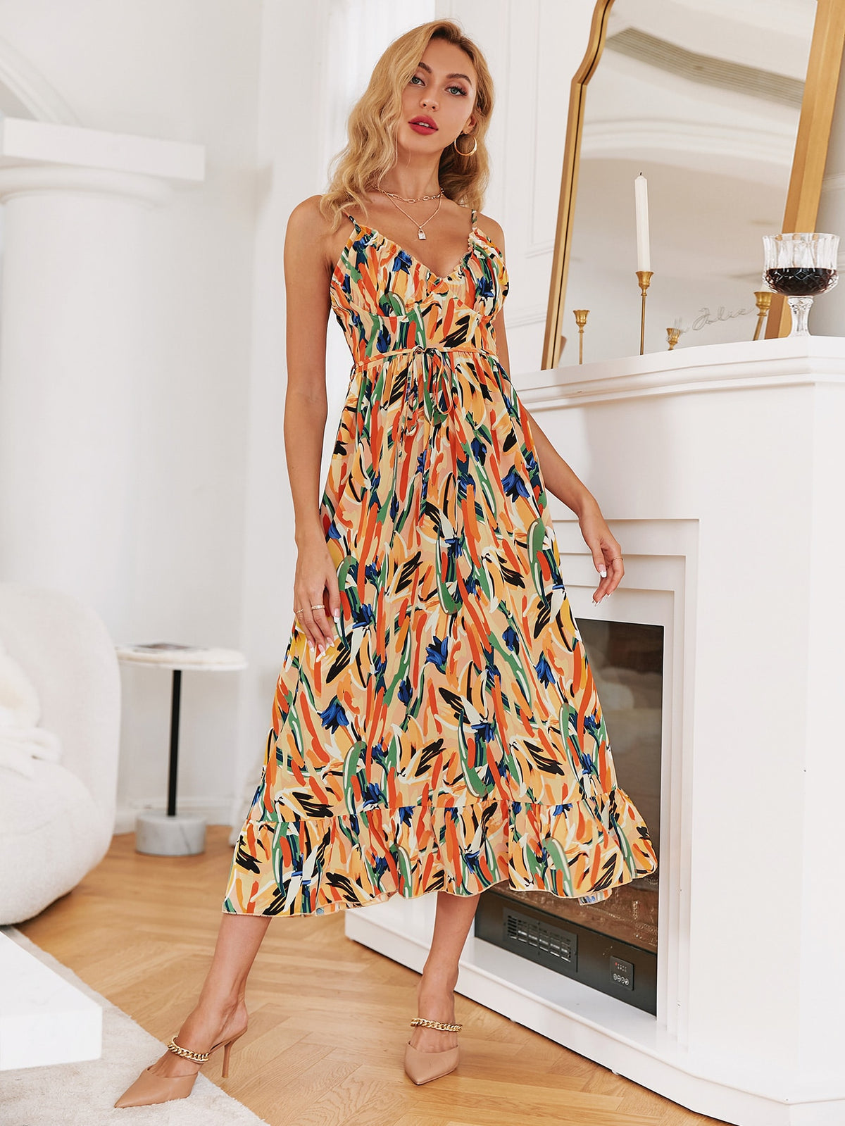 Belted Floral Cami Dress with Ruffle Hem - Multicolor / L