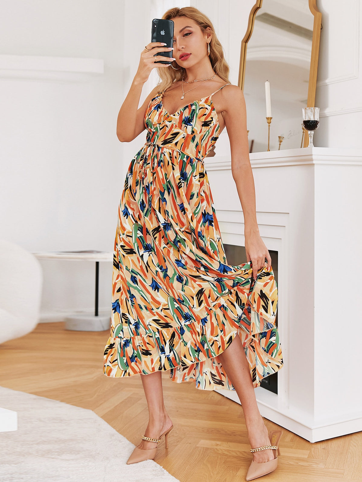 Belted Floral Cami Dress with Ruffle Hem - 